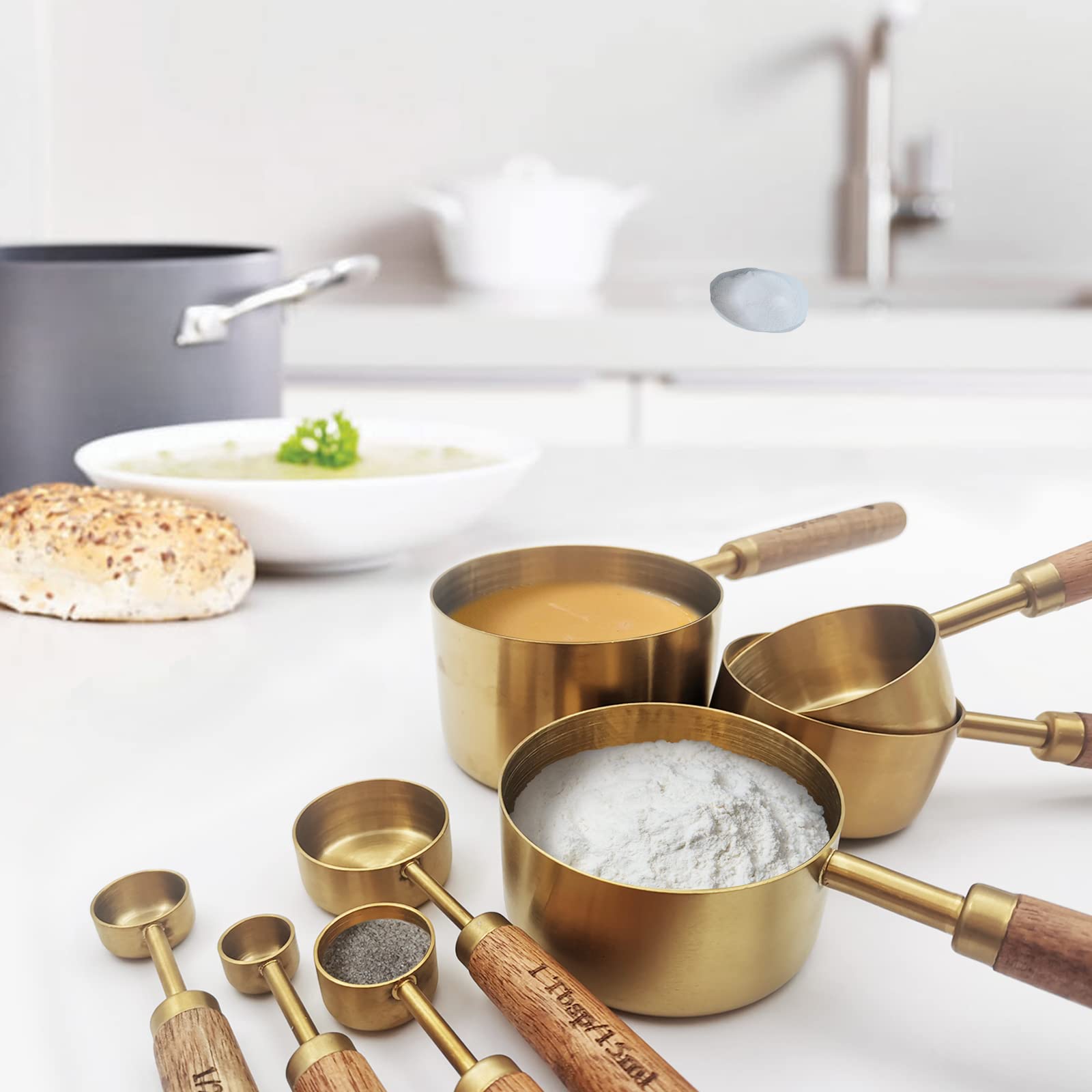 Zalaxt Gold Measuring Cups And Spoons Set With Fragrant Wood Handle, Measuring Cups, Metal Measuring Spoons And Measuring Cup Se