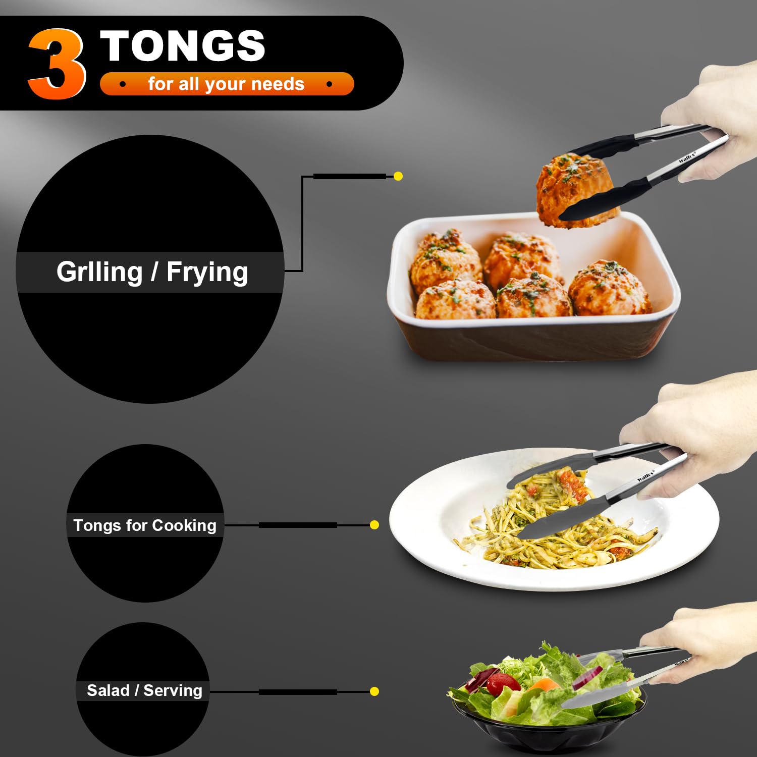 Walfos Small Silicone Tongs For Cooking- 7 Inch Mini Kitchen Tongs With Silicone Tips, Great For Cooking, Turning, Serving, Food