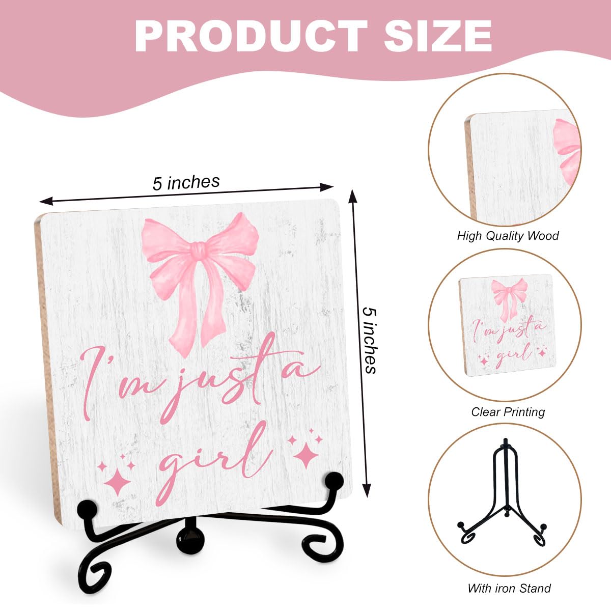 Coquette Pink Bow Girls Decor Wooden Sign with Stand for Women Girls' Room & Bedroom Decorations