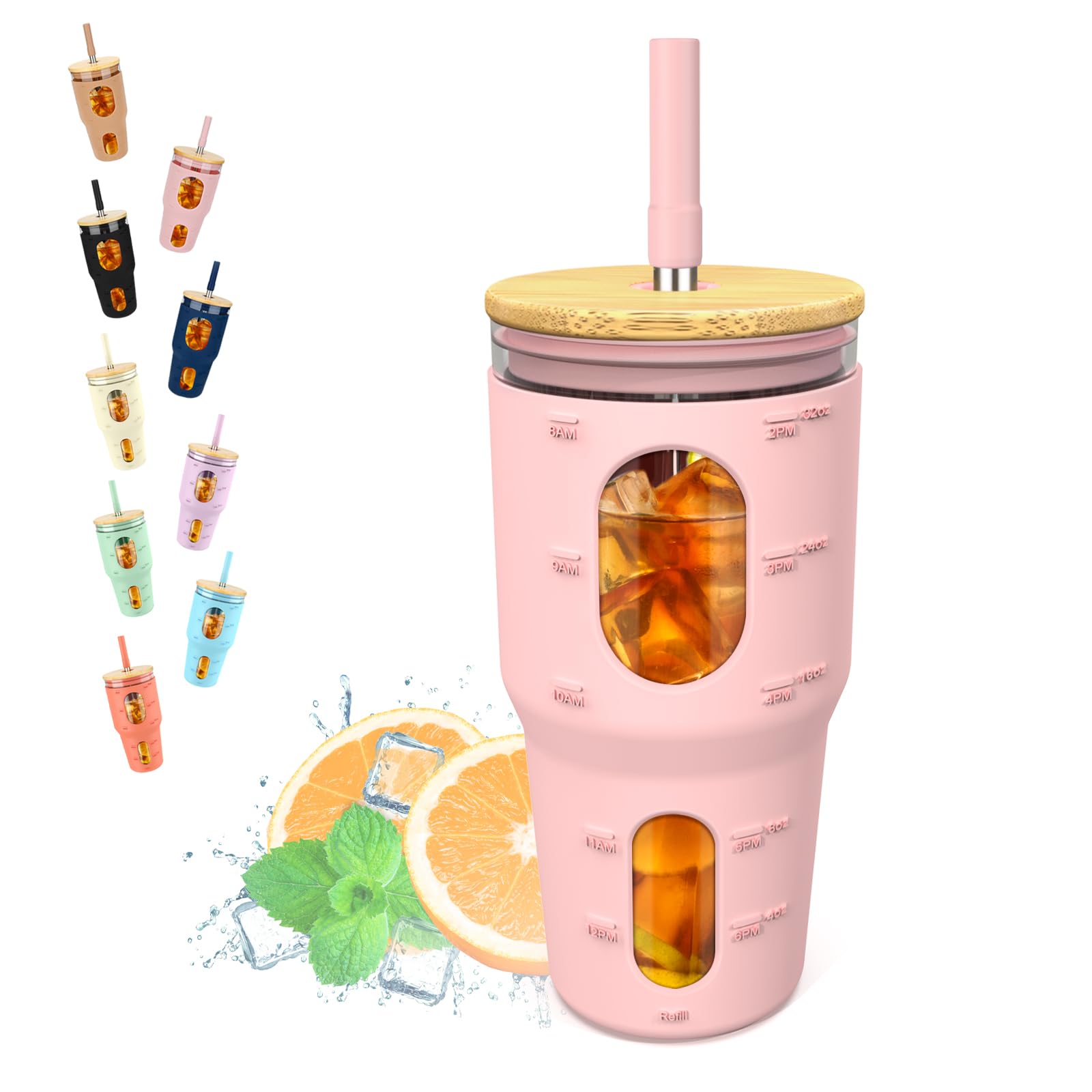 Tronco 32 Oz Tumbler with Straw and Lid, Drinking Glass Cup with Time Marker, Silicone Sleeve, Fits Cup Holder and Without BPA f