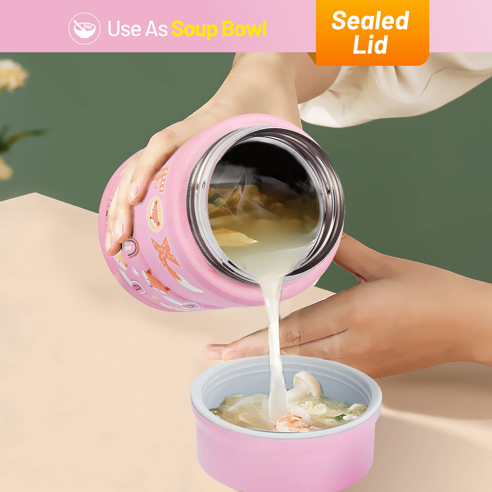 Charcy 17Oz Thermo For Hot Food, Insulated Lunch Food Container With Folding Spoon Qb - Pink Fox