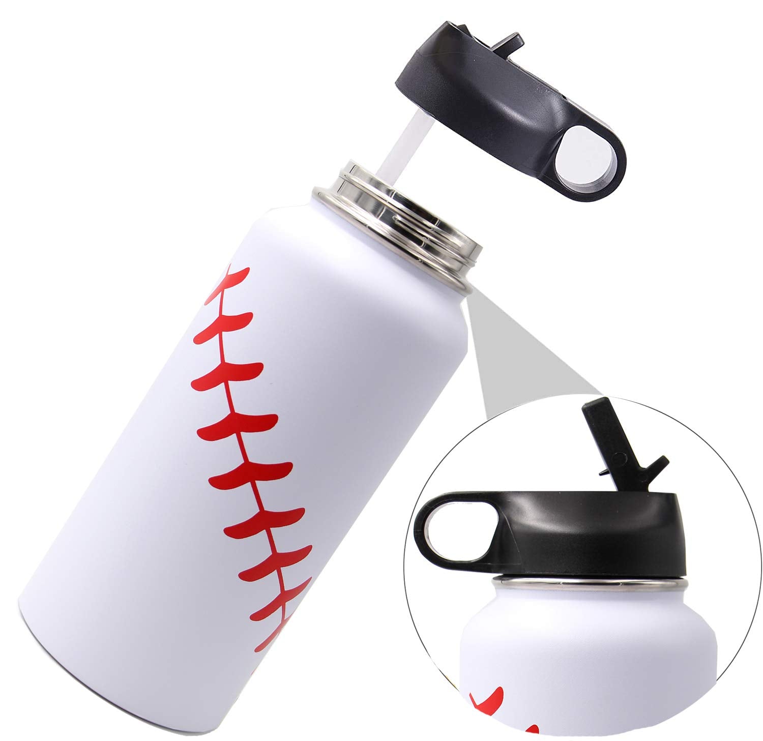 32 Oz Baseball Water Bottle, Wide Mouth Sports Flask Metal Travel Tumbler With 2 Lids 18/8 Stainless Steel Double Wall Vacuum In