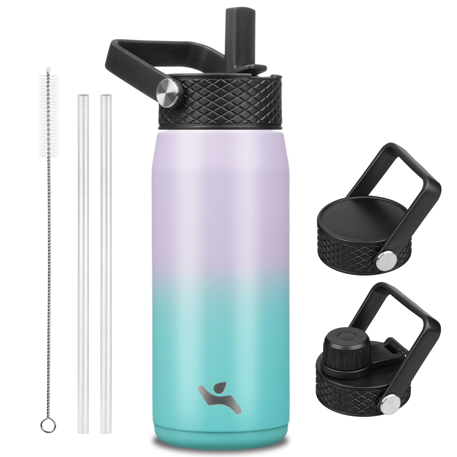 20oz Insulated Stainless Steel Water Bottle with 3 Lids, Leakproof BPA-Free Bottle with Straw Lid, Sip Lid and Flex Cap for Gym,