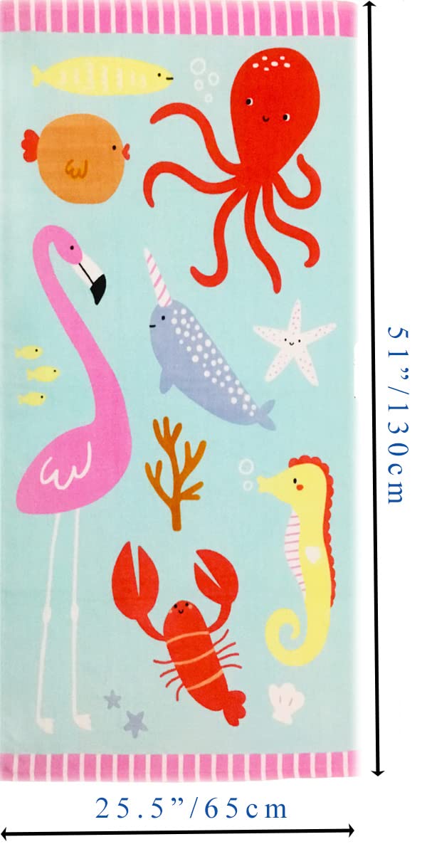 YIFONTIN Beach Towel for Kids Velour Terry Blanket Throw 100% Cotton 25.5X51 inches for Swimming Bath Travel Camping and Picnic  Flamingo Lobster Octopus.