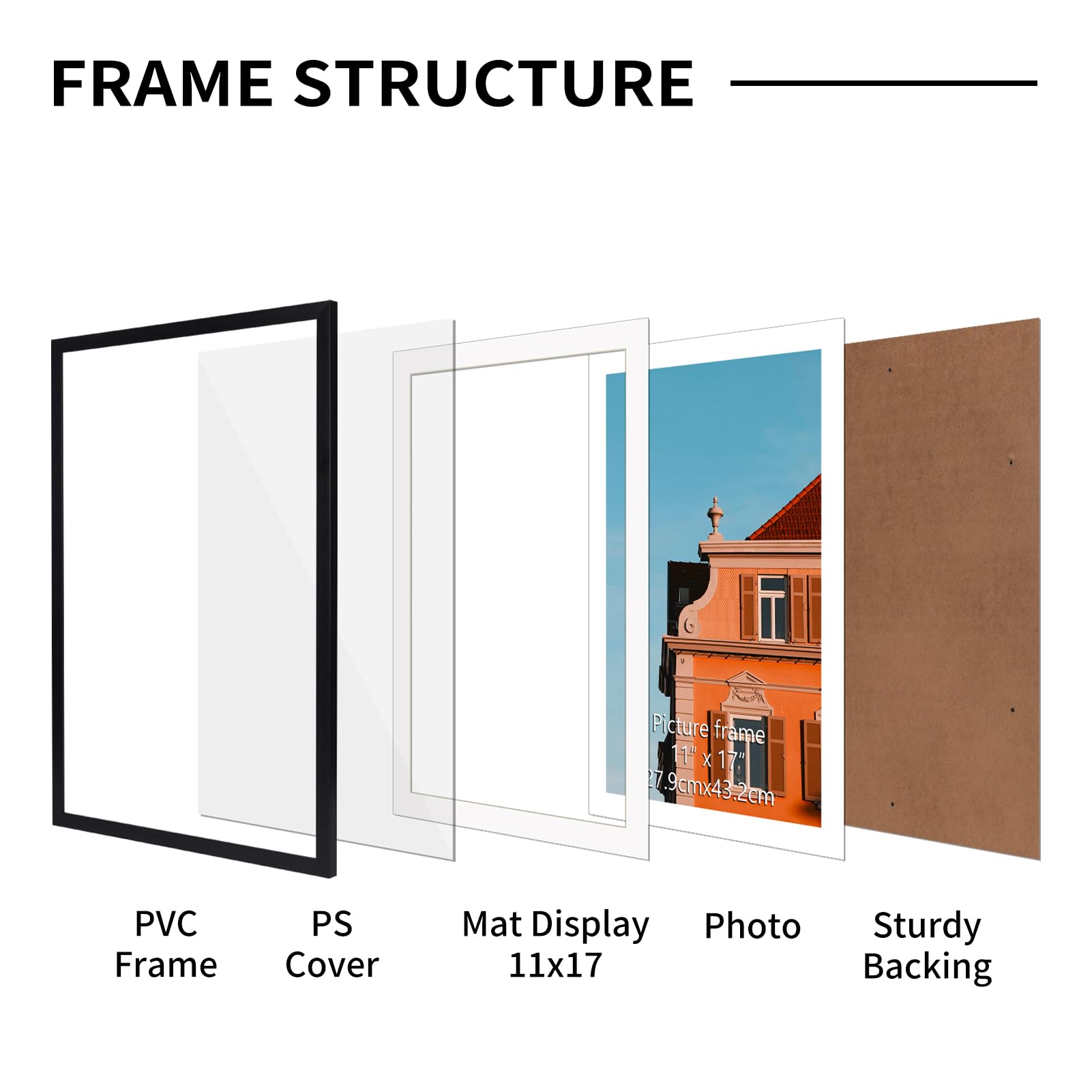 Rempry 13x19 Picture Frame, Display Pictures 11x17 with Mat or 13x19 Without Mat, Wall Hanging or Tabletop Photo Frame, Black Po