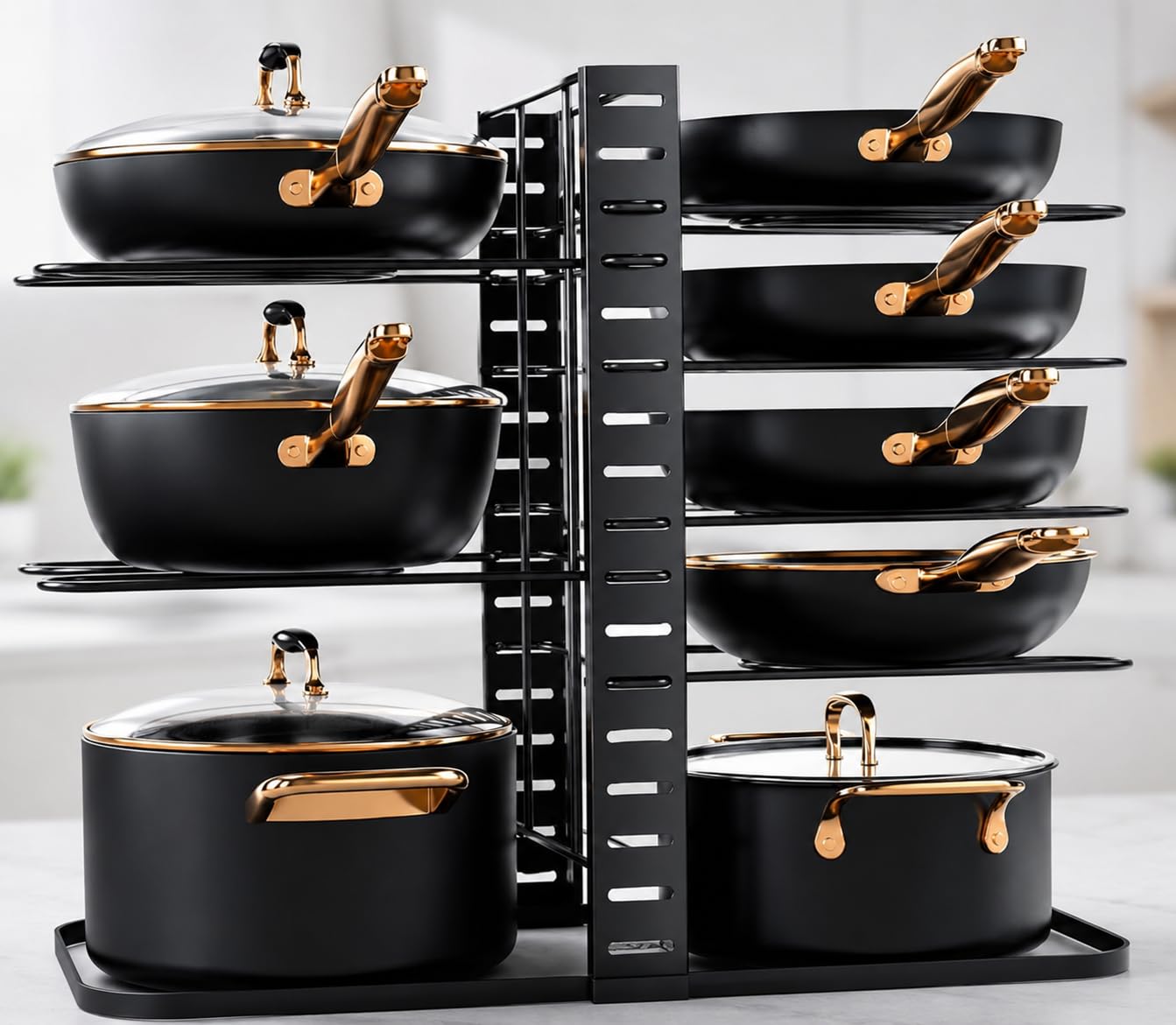 Geo Fashion 8Tier Pots And Pans Organiser Rack For Cabinet, Adjustable Black8Tier Pots And Pans Organizer Rack For Cabinet, He