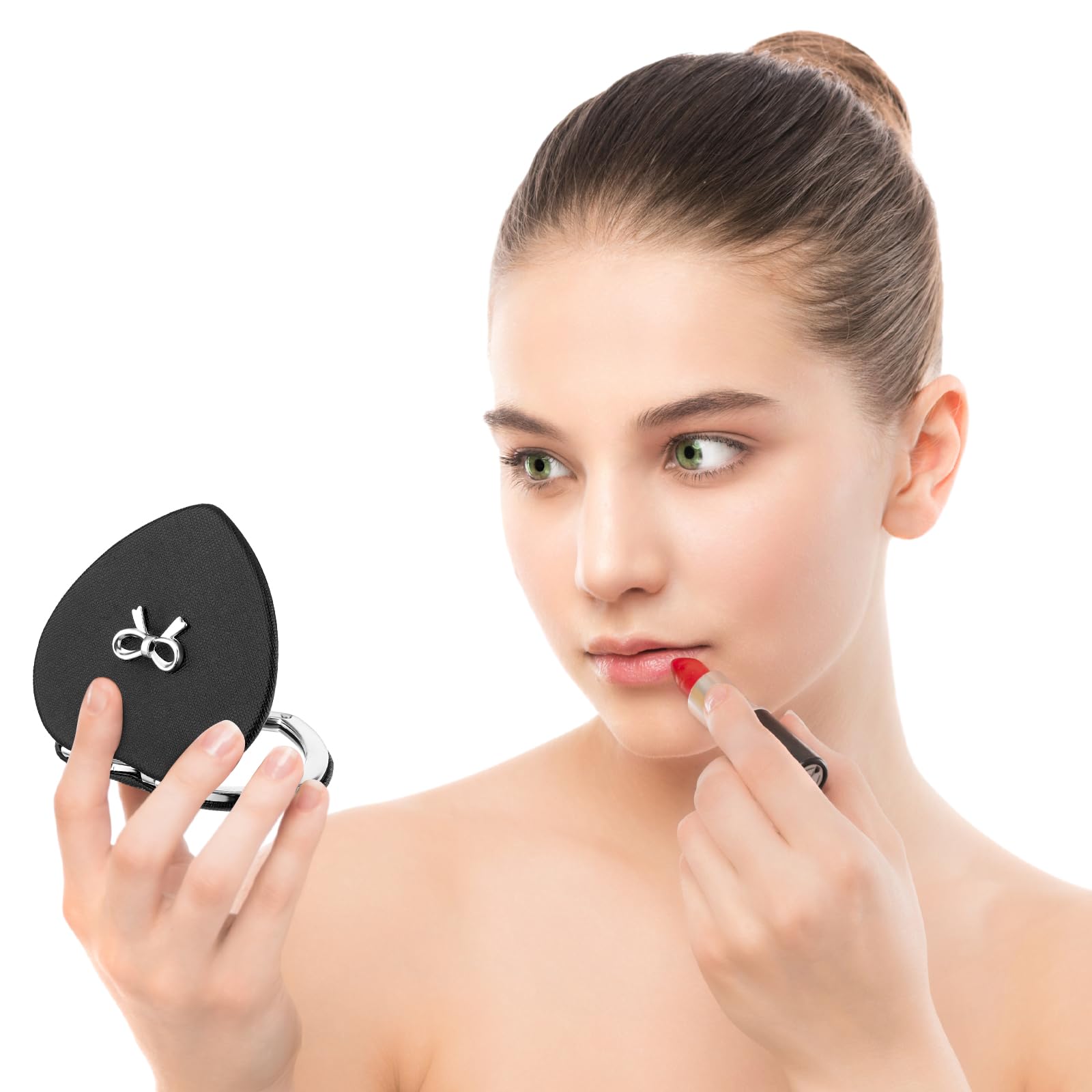 Qianyu Compact Folding Mirror Heart Shaped Double-Sided 1X/2X Magnifying Mirror Cute Mini Glitter Makeup Mirror With Pu Leather