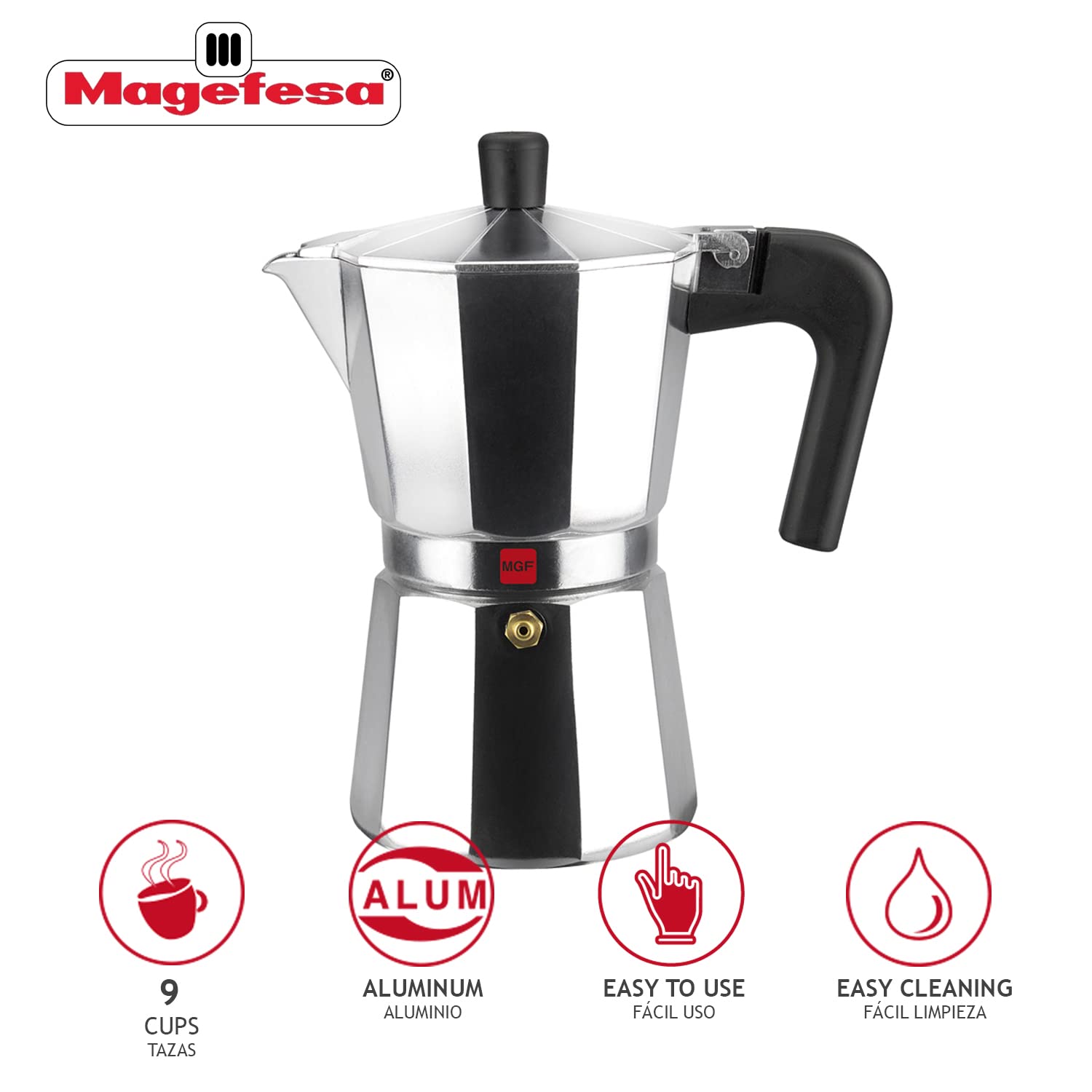 MAGEFESA Kenia 9-Cup Stovetop Espresso Maker, Silver Aluminum, Heat-Resistant Handle, Italian Coffee Pot
