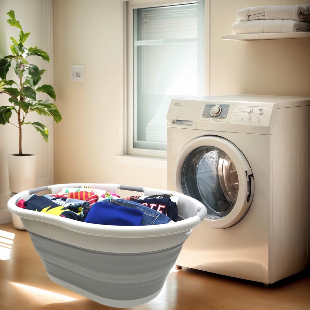 SAMMART 57L (15 Gallons) Collapsible 3-Handled Plastic Laundry Basket - Oval Tub - Portable Washing Tub-Space Saving Laundry Hamper  Water Capacity 44L / 11.6 Gallon (2  Grey/Grey)