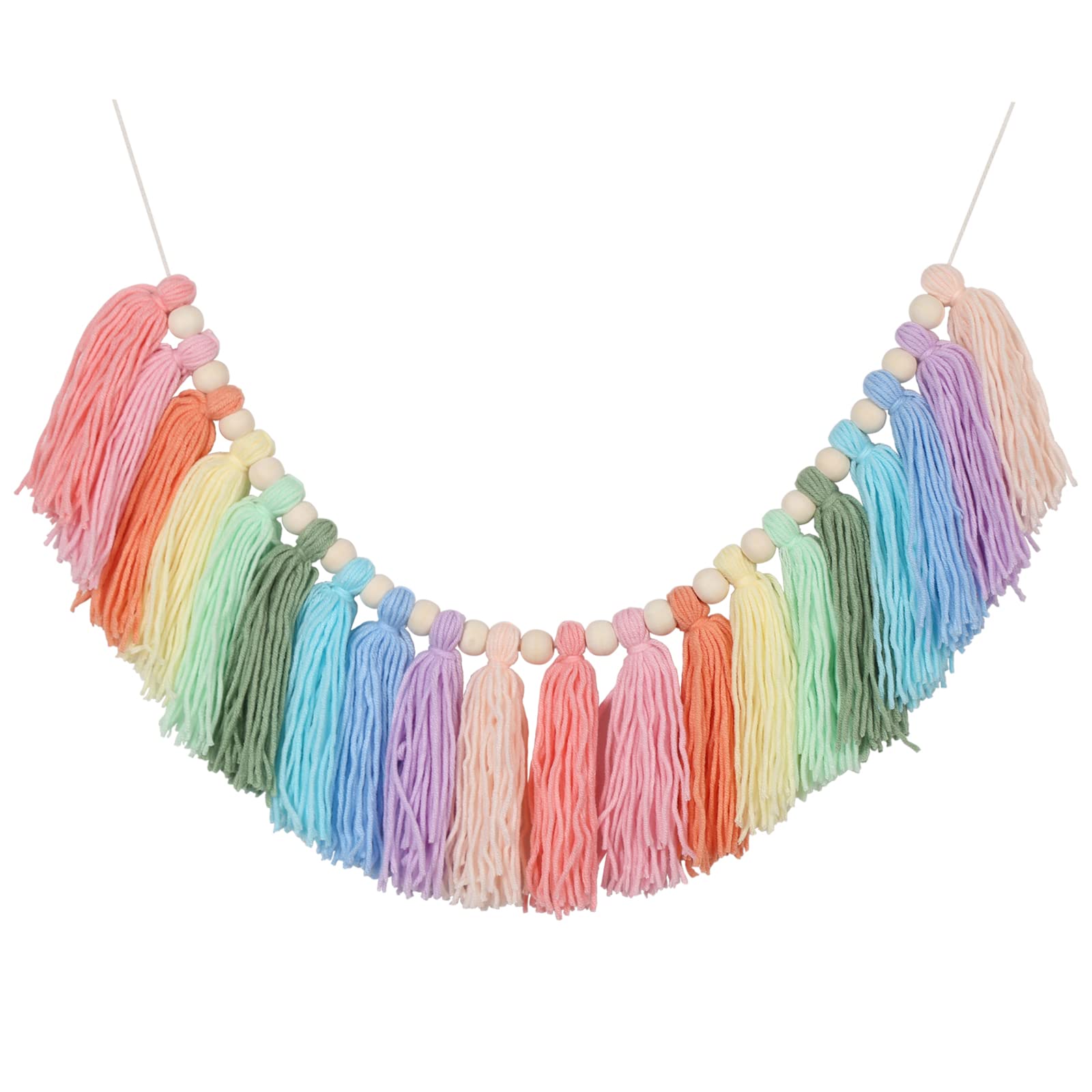Pastel Rainbow Tassel Garland - Boho Tassel Garland with Wood Beads - Wall Decor for Dorm, Girls Room and Nursery Room for Home 