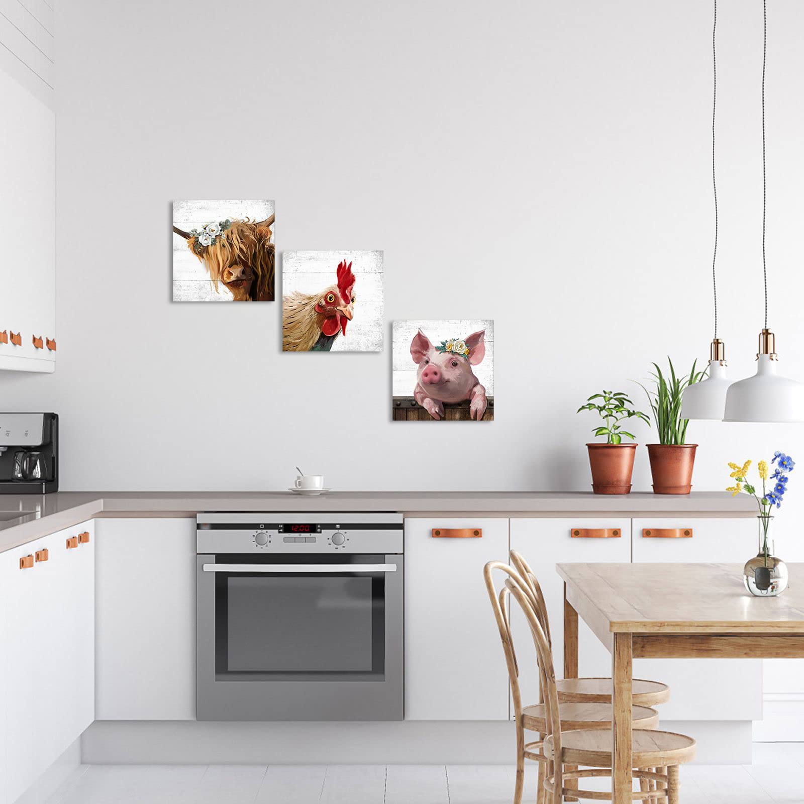 Farm Animal Farmhouse Wall Art: Highland Cow Rooster Pig Head Picture for Kitchen  3 Piece Rustic Farmhouse Decor Vintage Canvas Print Living Room Home Decoration
