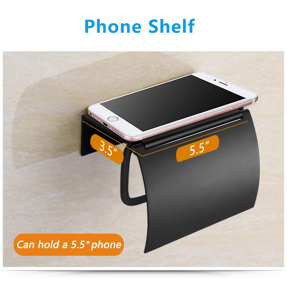 Matte Black Toilet Paper Holder Wall Mounted with Phone Shelf  Universal Modern Toilet Tissue Holder fit Mega Roll Toilet Paper  Cat Proof Toilet Paper Holder Bathroom Metal Aluminum Covered TP Holder