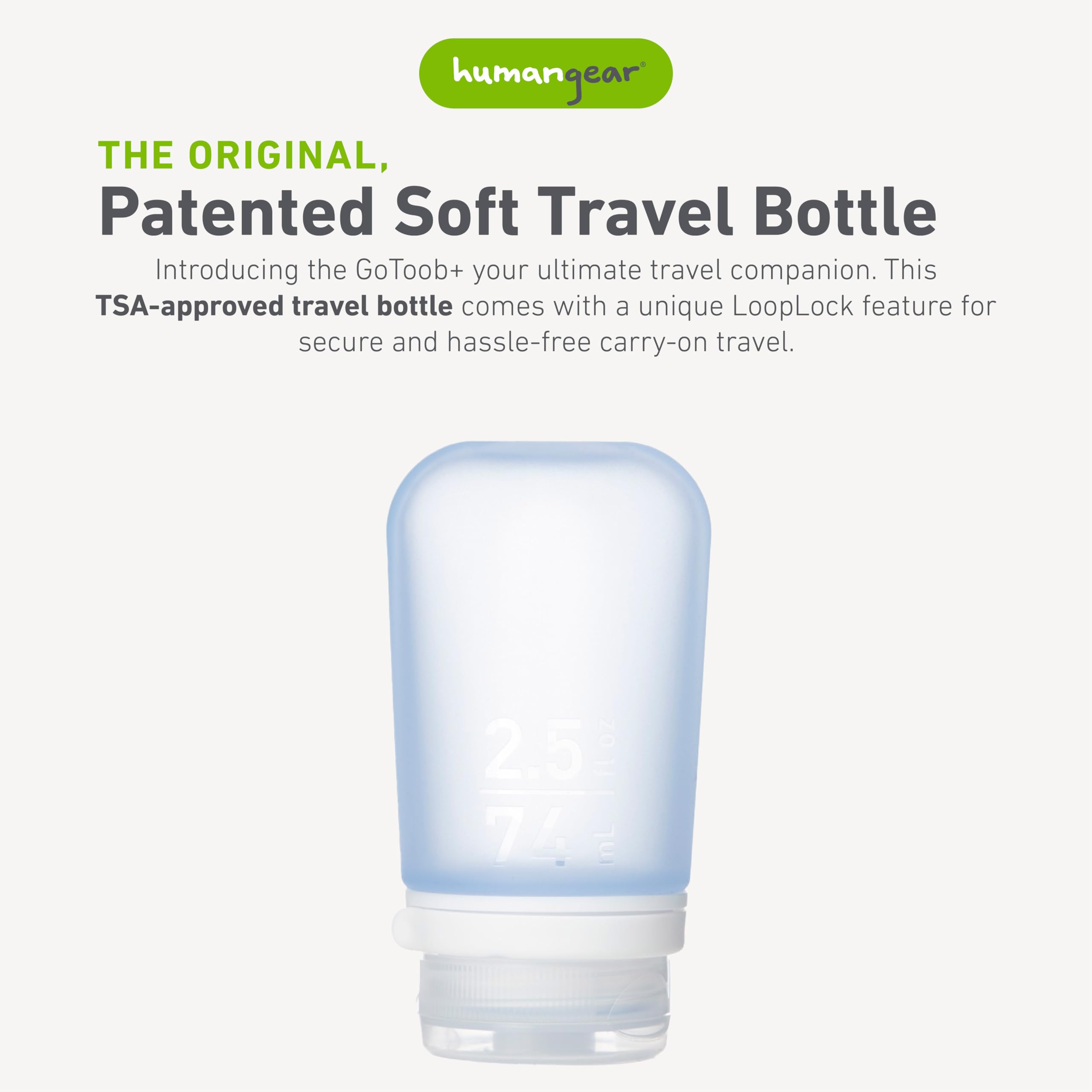 Humangear Gotoob+ (Medium) | Refillable Silicone Travel Bottle | Locking Lid | Food-Safe Material | Blue, Medium (2.5 Fl.Oz.; 74