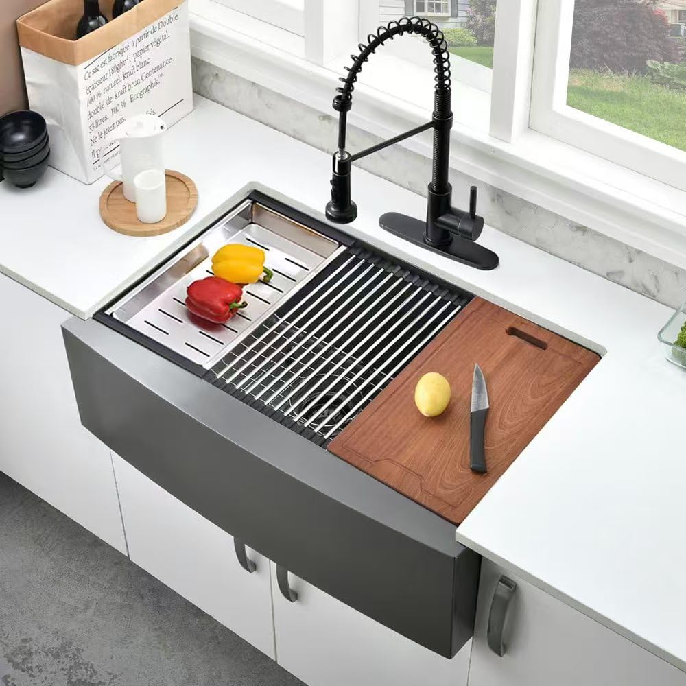 33 Inch Black Farmhouse Sink Workstation-Bokaiya 33X22 Apron Front Farm House Sink Stainless Steel 16 Gauge Deep Single Bowl Far