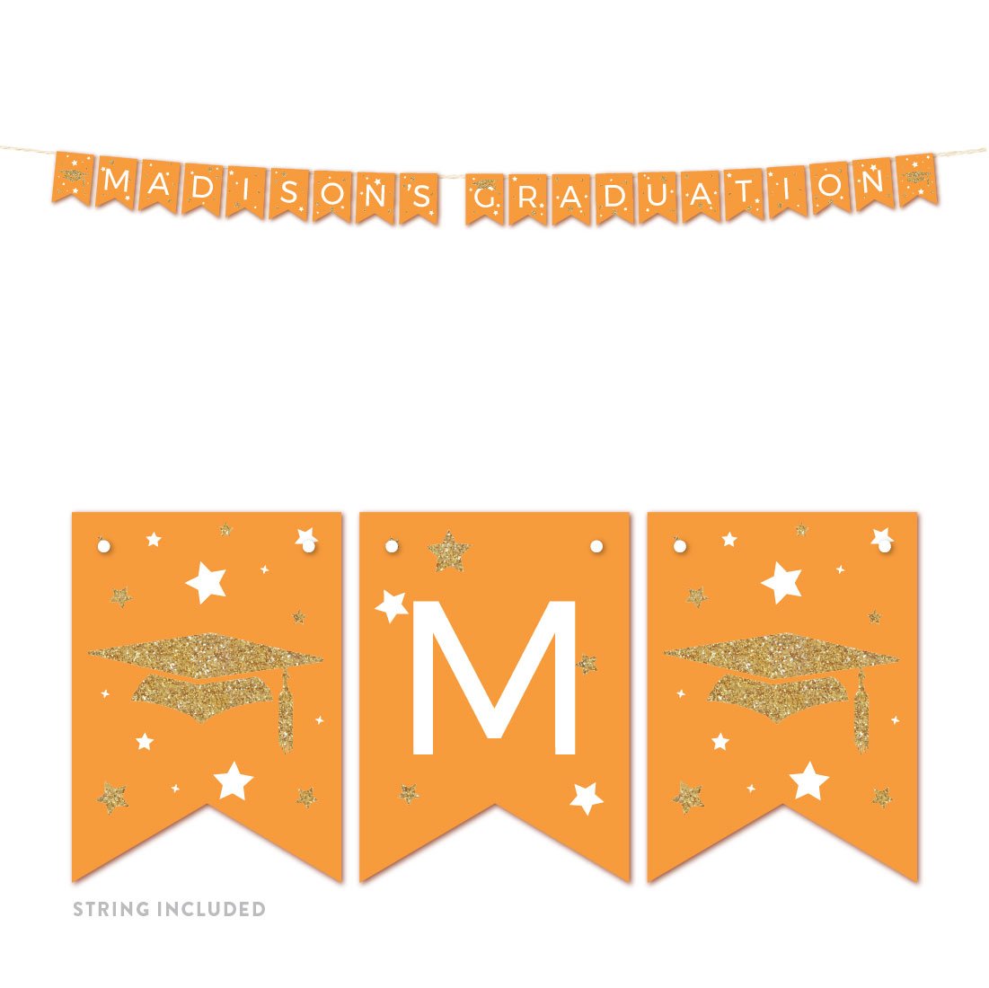 Andaz Press Orange And Gold Glittering Graduation Party Collection, Personalized Hanging Pennant Party Banner With String, Madis