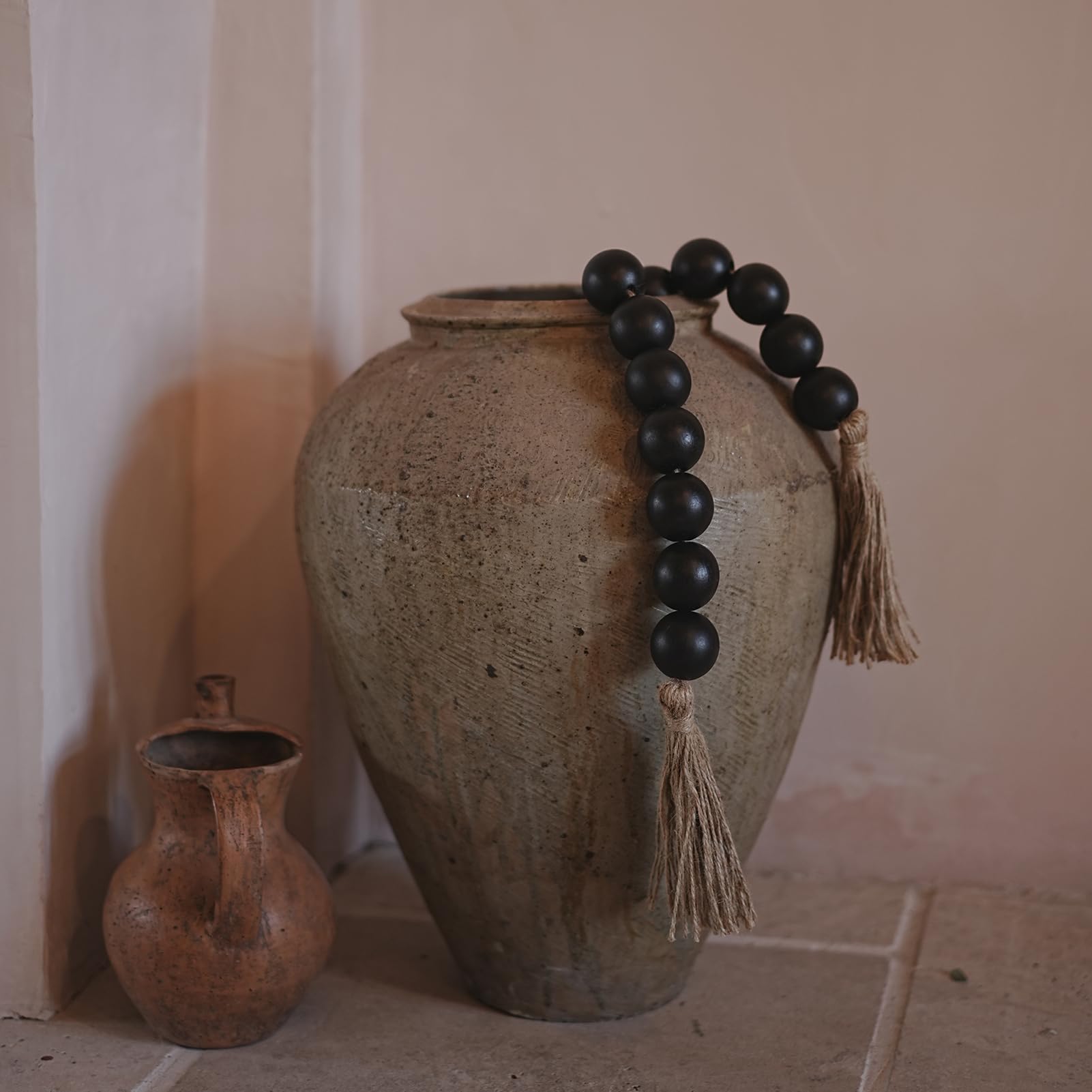 RUIRUICO Black Extra Large Wood Bead Garland with 1.6 Diameter Wooden Beads, 58 Long Wooden Beads Garland with Tassels, Decorati