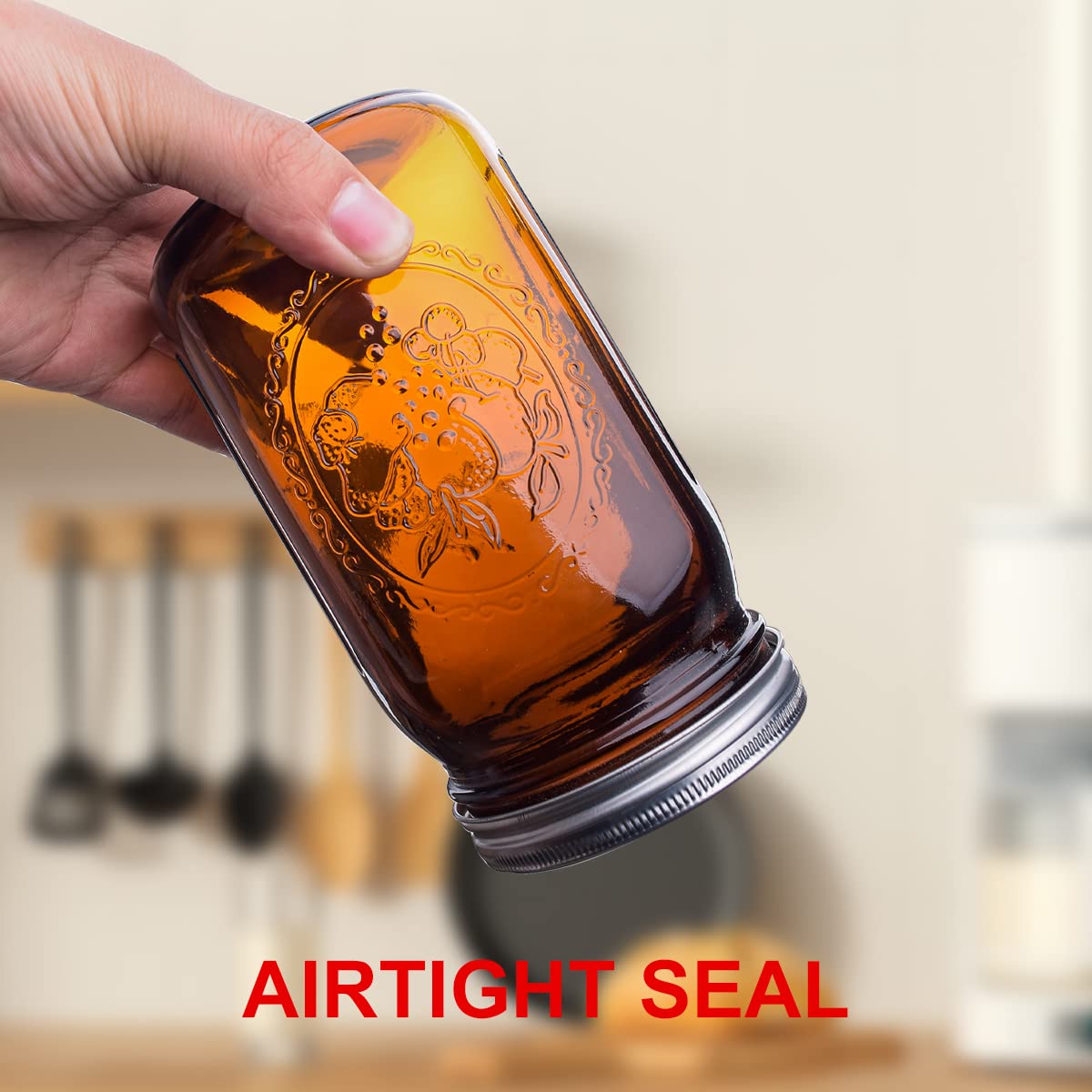 Eleganttime Amber Glass Mason Jars 32 Oz Wide Mouth With Airtight Lids And Bands 6 Pack Large Glass Canning Mason Jars Quart,Gre