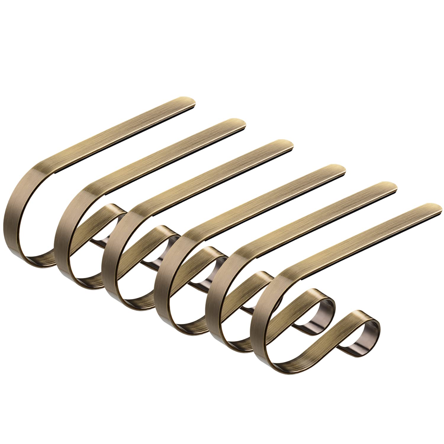 6 Pcs Christmas Stocking Holders Metal Mantel Stocking Hangers Adjustable Hanging Grip Stockings Clip Set (6, Antique Brass)