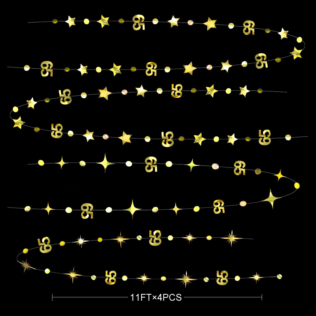 Gold 65th Birthday Decorations Number 65 Circle Dot Twinkle Star Garland Metallic Hanging Streamer Bunting Banner Backdrop for 65 Year Old Birthday Happy 65th Anniversary Sixty Five Party Supplies