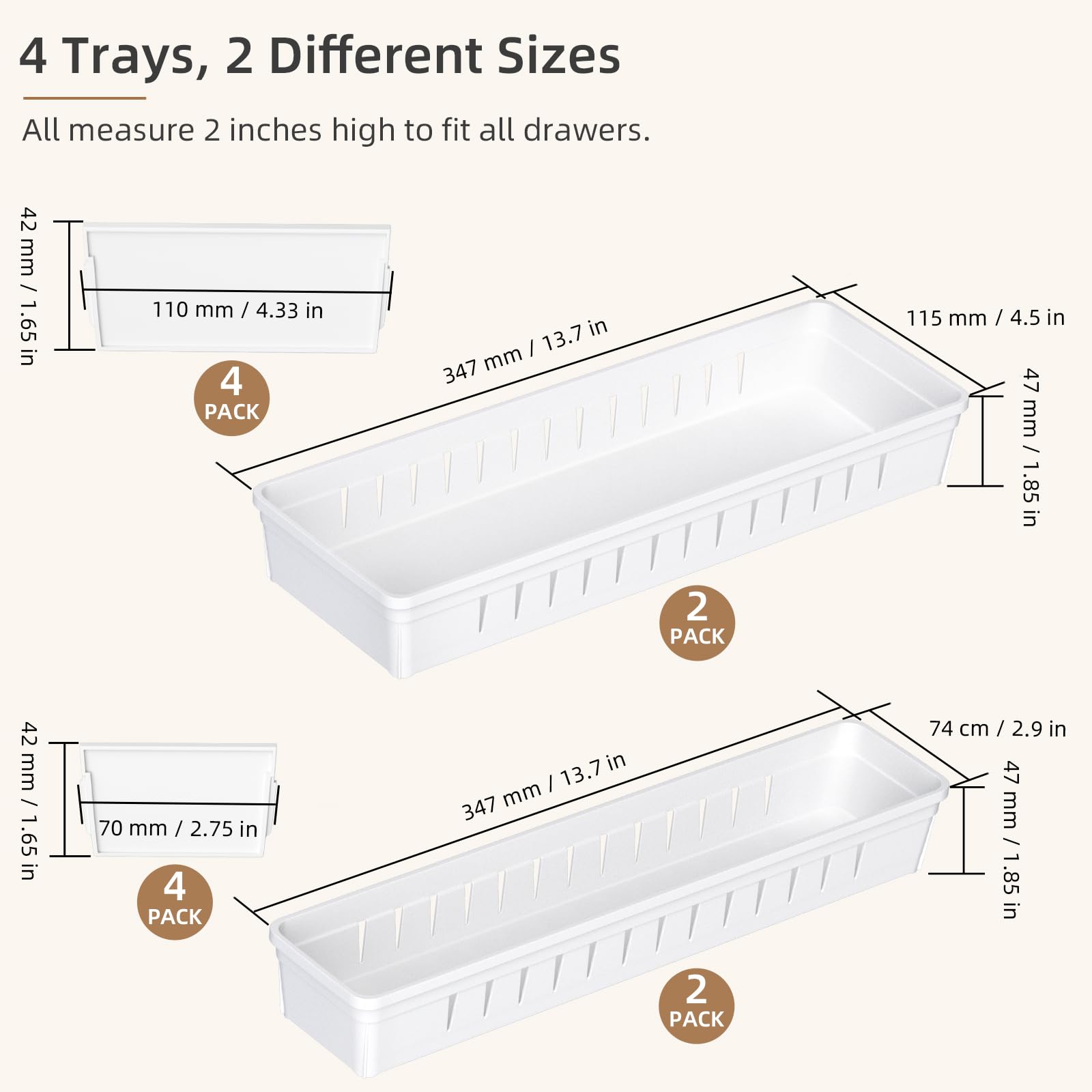 Pluspace Desk Drawer Organizer Tray 4 PCS Plastic Office Drawer Organizer Set Makeup Organizer Dividers with Non-Slip Silicone P