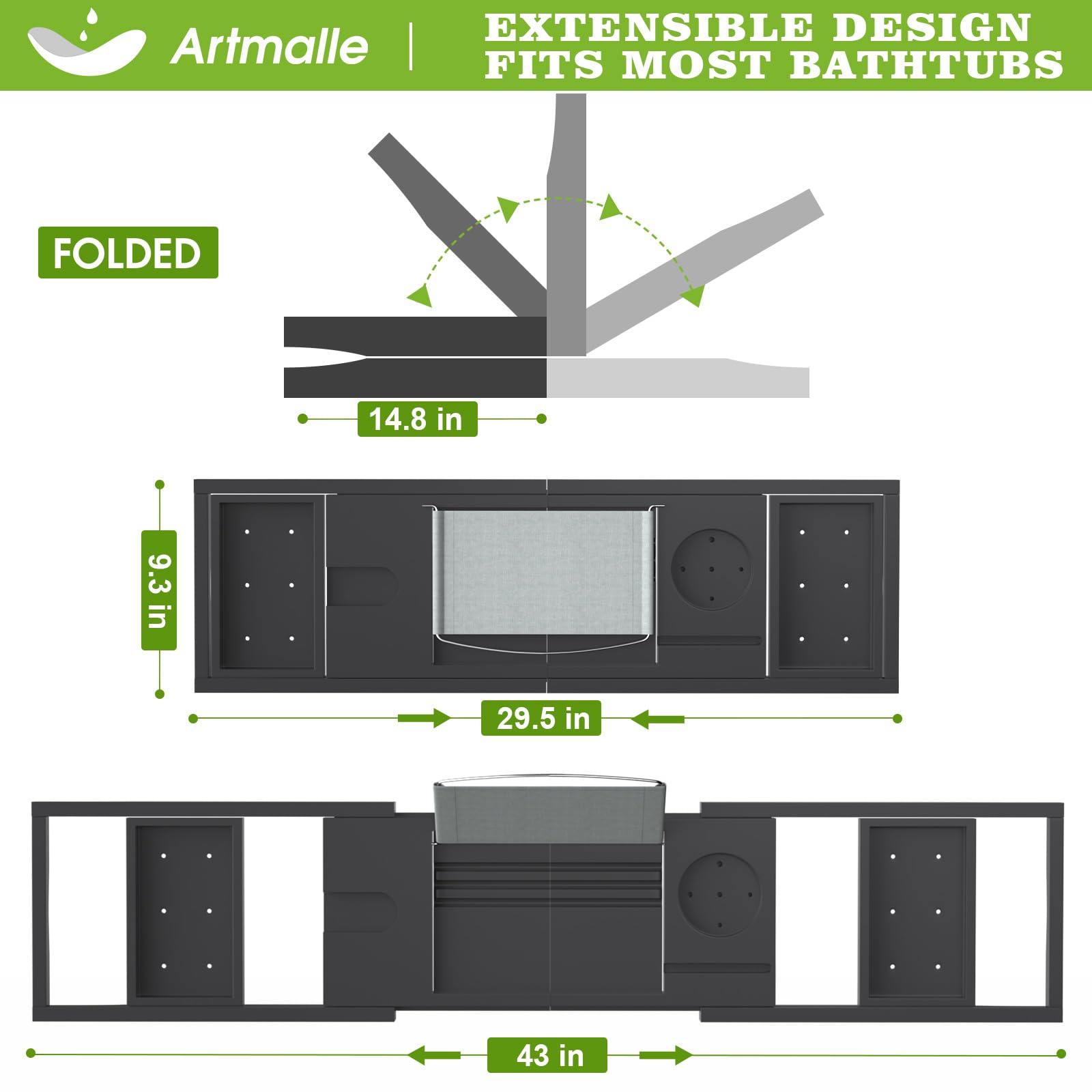 Artmalle Bathtub Caddy Tray - Expandable And Foldable Bath Tray For Tub, Luxury Bamboo Bath Caddy Tub Table, Bathtub Accessories