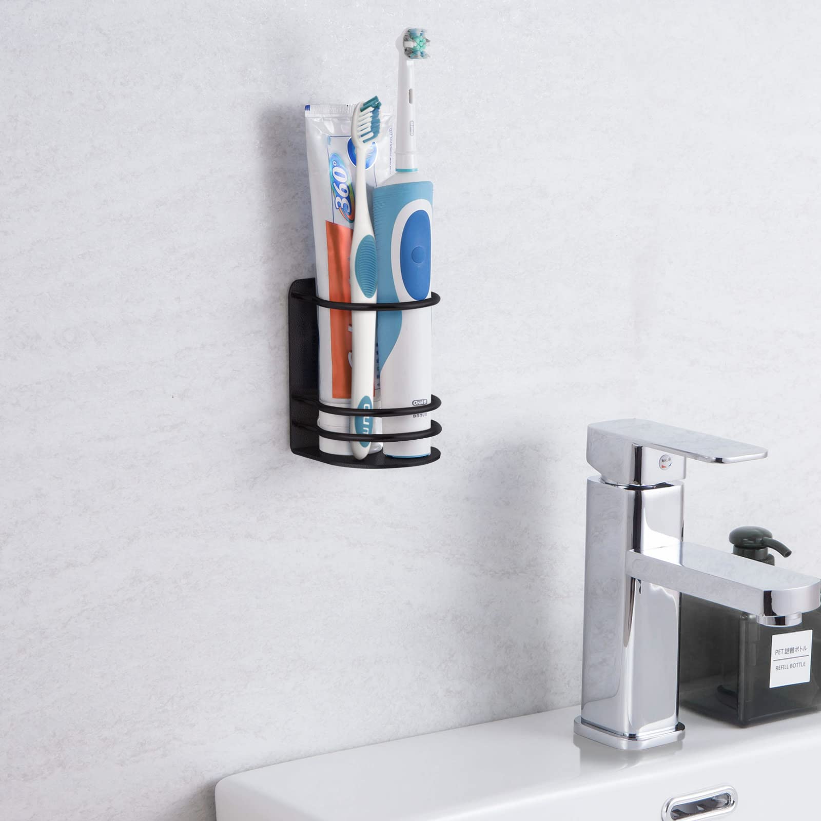 Tiilan Toothbrush Holder Wall Mounted, Bathroom Storage Stand For Razor, Toothpaste - Self Adhesive, Stainless Steel, Black
