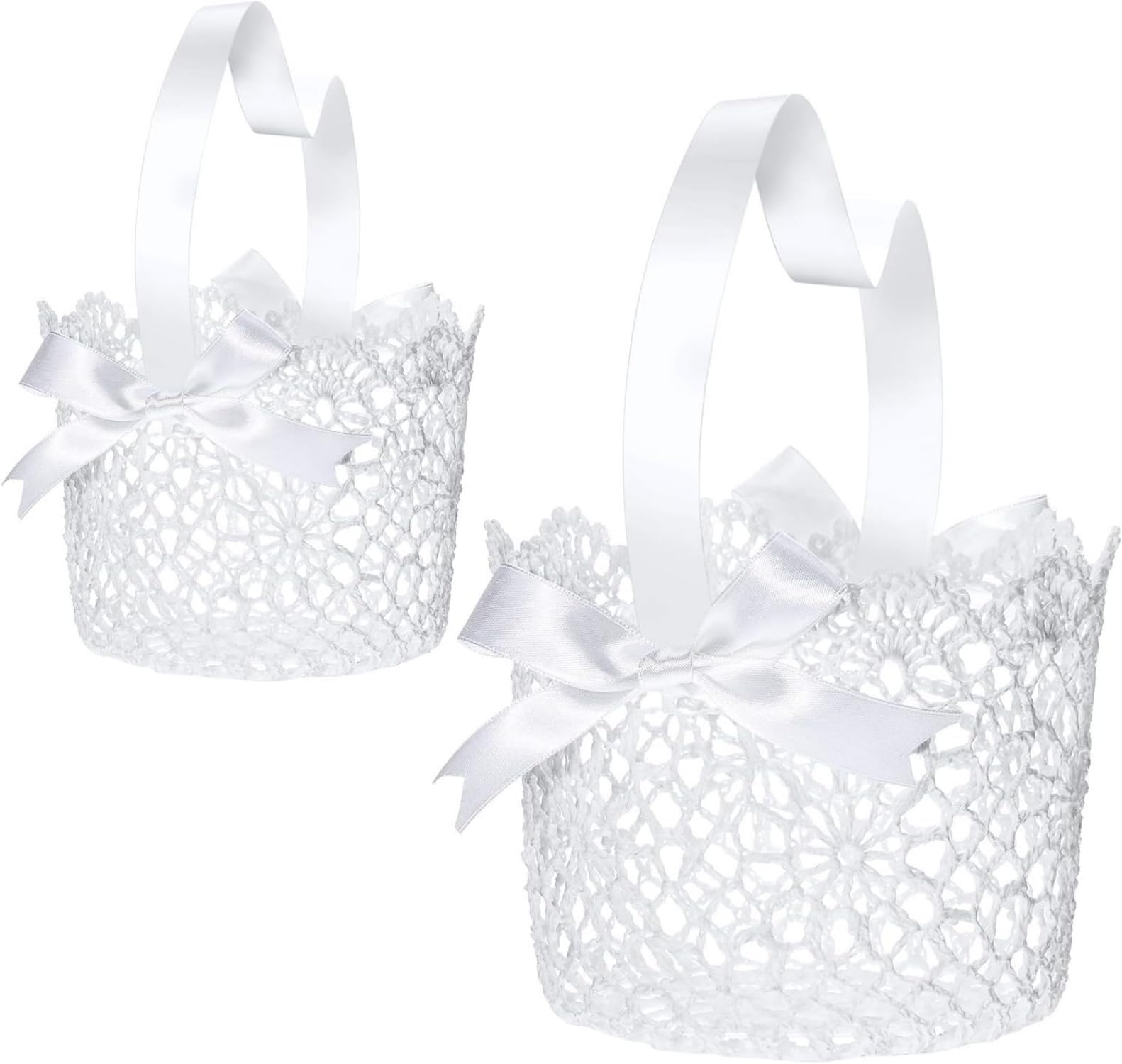 Boao Flower Girl Basket Set of 2 White Wedding Flower Baskets with Satin Bowknot and Handle for Wedding Ceremony Petals Confetti
