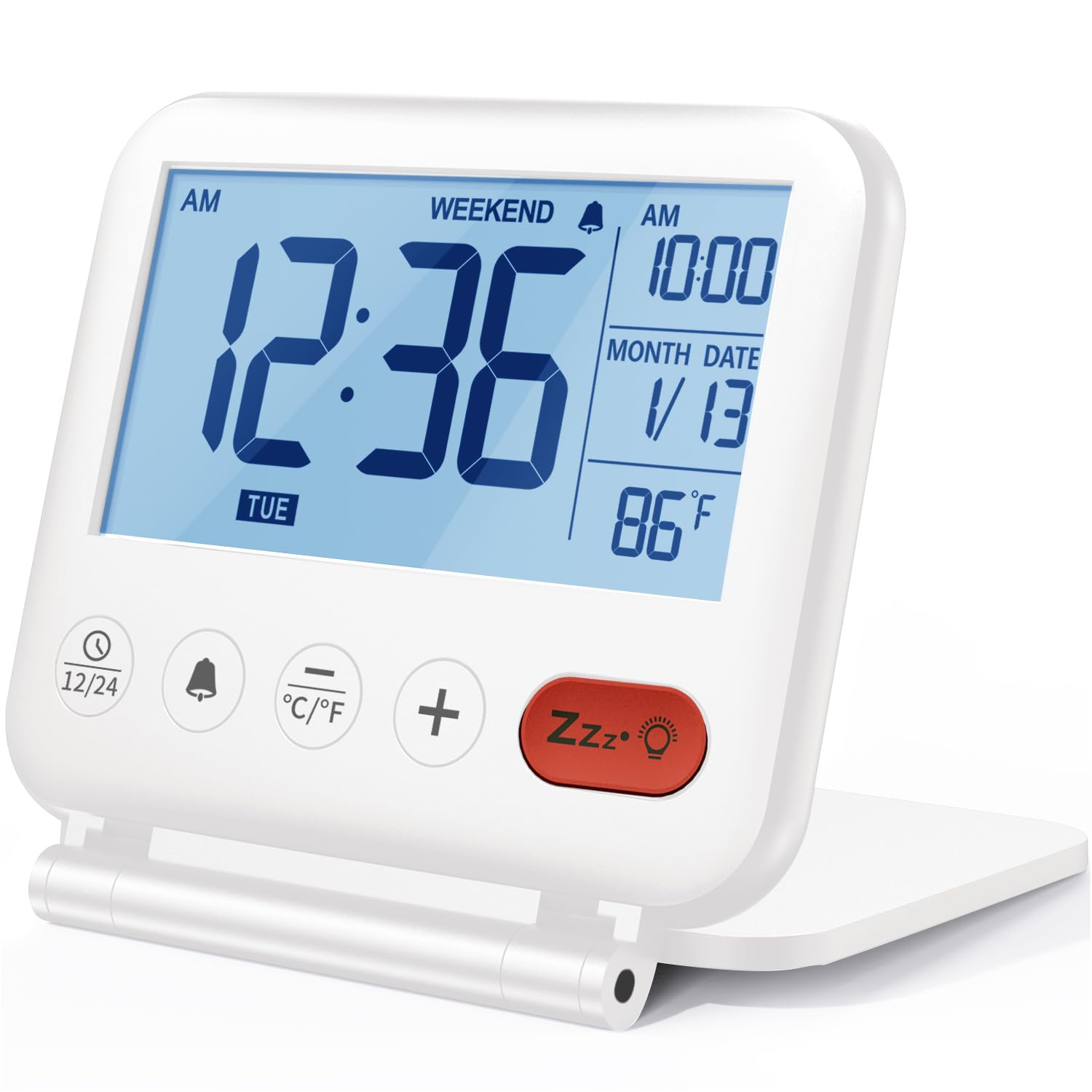 NOKLEAD Digital Travel Alarm Clock - 3.23 inch LCD Display, Temperature, 9-Minute Snooze, 10s Backlight, Battery Included (White