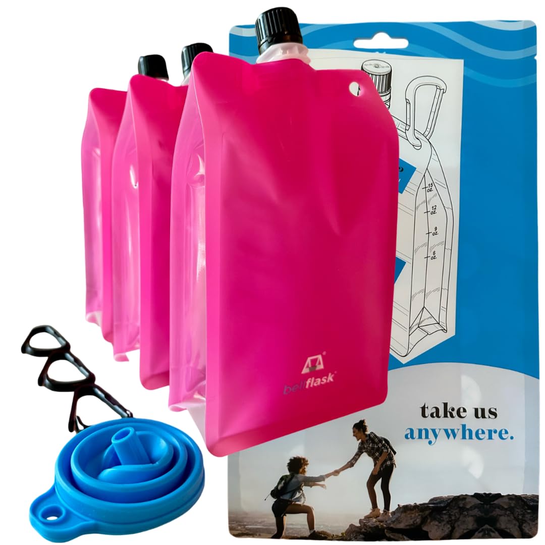 Bellflask - 15 Oz. Plastic Flask, Patented, Flexible, Metal-Free, Reusuable, Bpa-Free With Carabiner Clip And Filling Funnel
