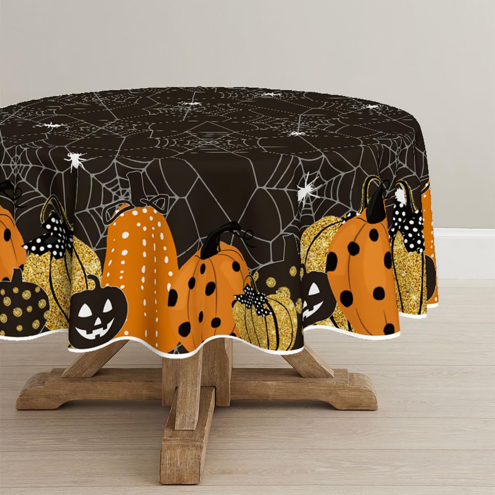 Horaldaily Halloween Tablecloth 70X70 Inch Round, Jack-O-Lantern Pumpkin Cobweb Scary Themed Black Washable Table Cover For Part