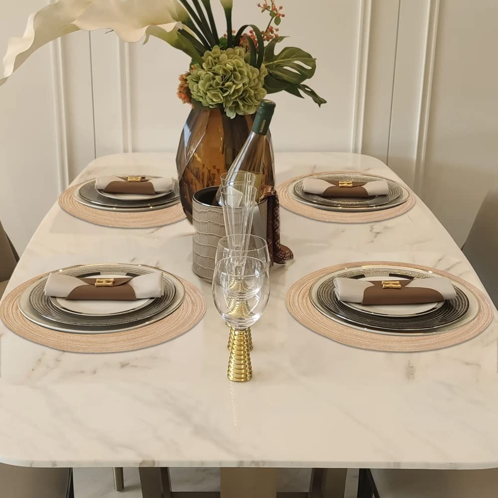 Homedge Round Placemat, Set Of 4 Braided Washable Table Mats 15 Inches-Linen Yellow