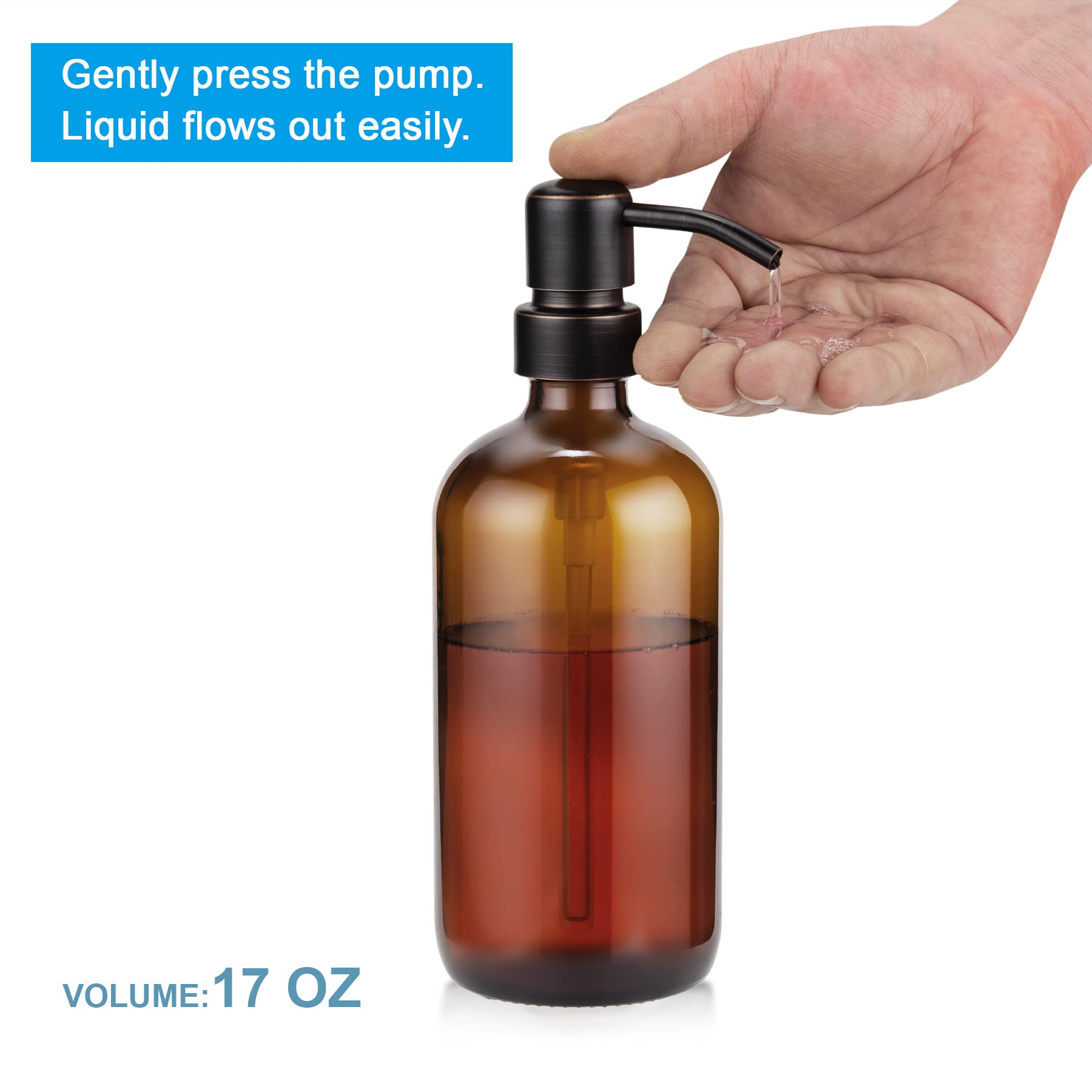 Amazerbath Amber Glass Soap Dispenser, 2 Pack Thick Glass Soap Dispenser With Bronze Stainless Steel Pumps, 17 Oz Hand Soap Disp