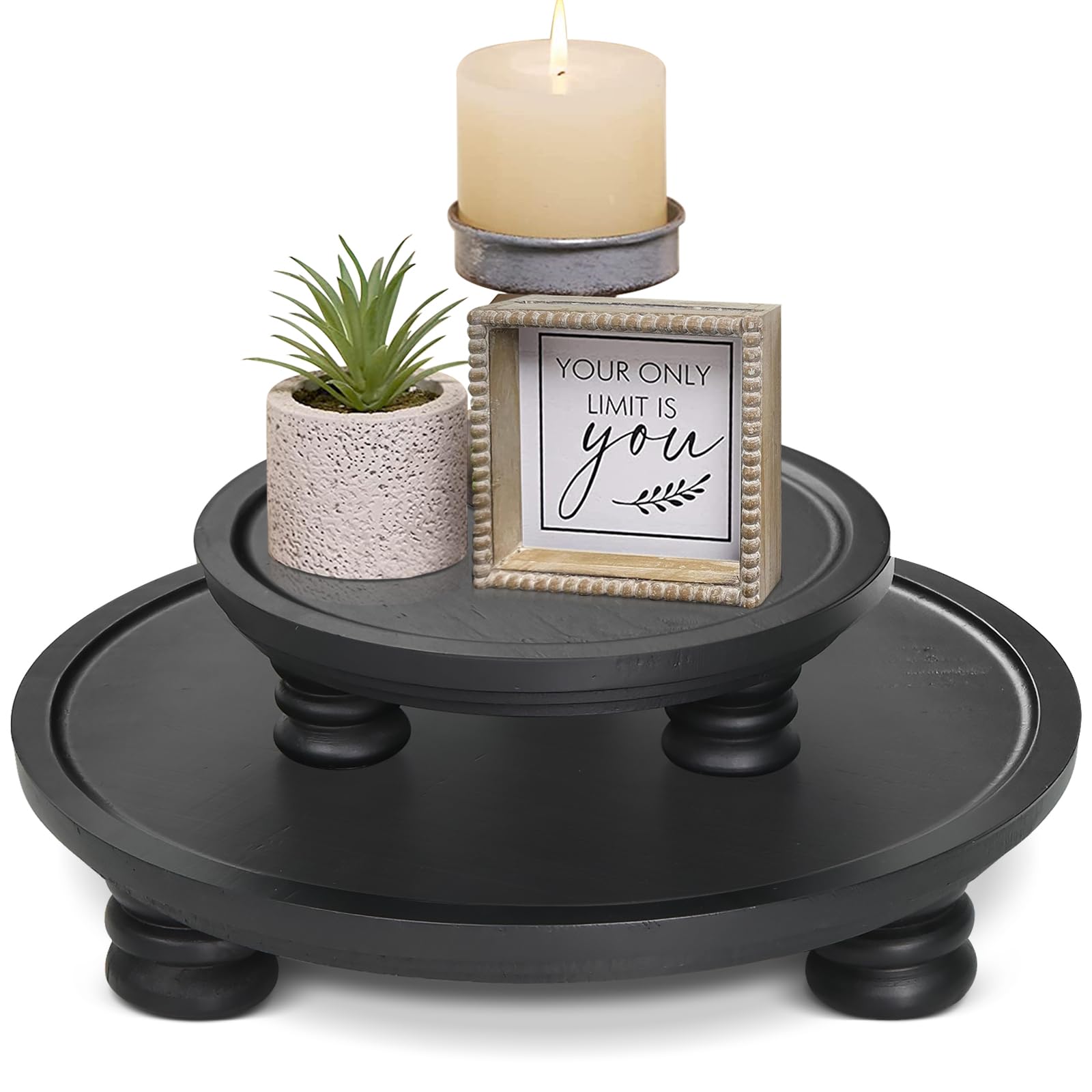 Uipame 2 Pcs Wooden Risers For Display, Round Wood Tray Decor, Farmhouse Pedestal Stand Decor For Indoor, Rustic Decorative Disp