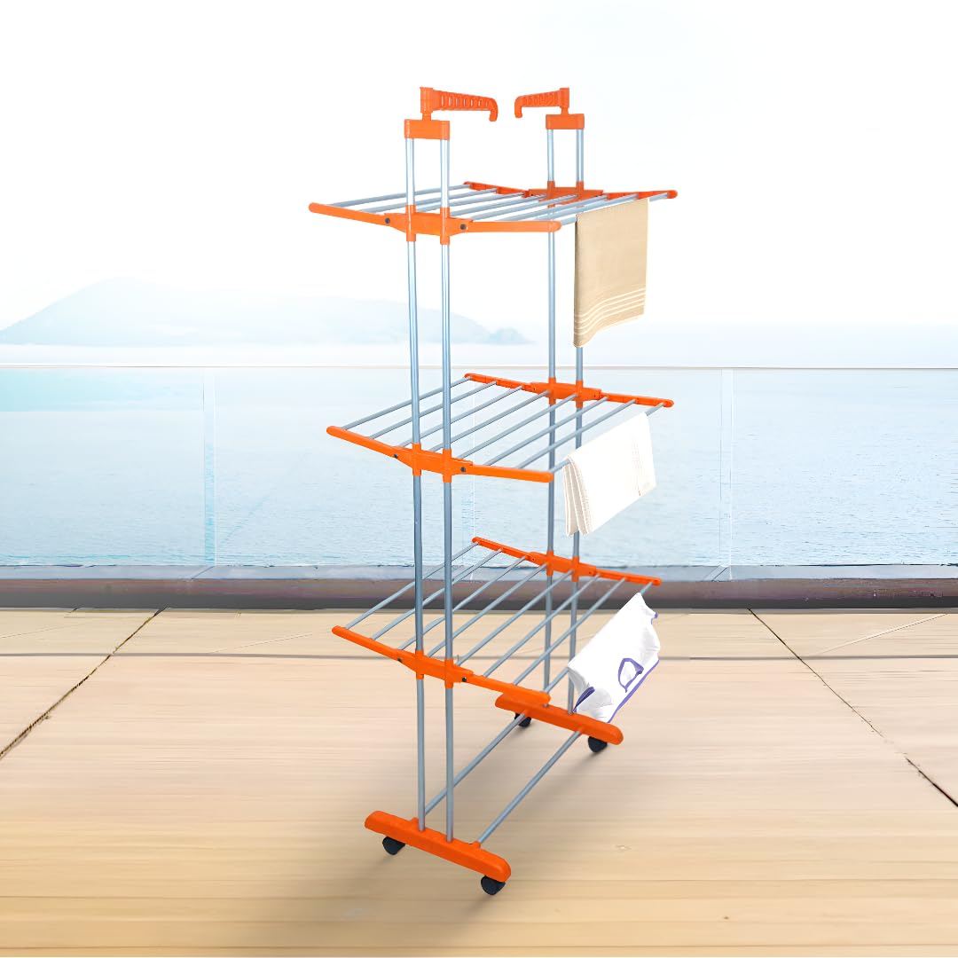 Bonkaso 3-Layer Heavy Duty Foldable Clothes Drying Stand With Wheels| 24 Hanger Rods, Rust-Proof Portable Steel Rack For Balcony