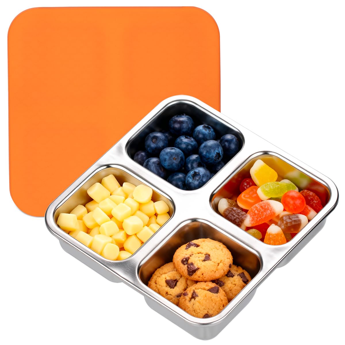 Stainless Steel Snack Containers with Lids, Lunchable 4 Compartment, Orange