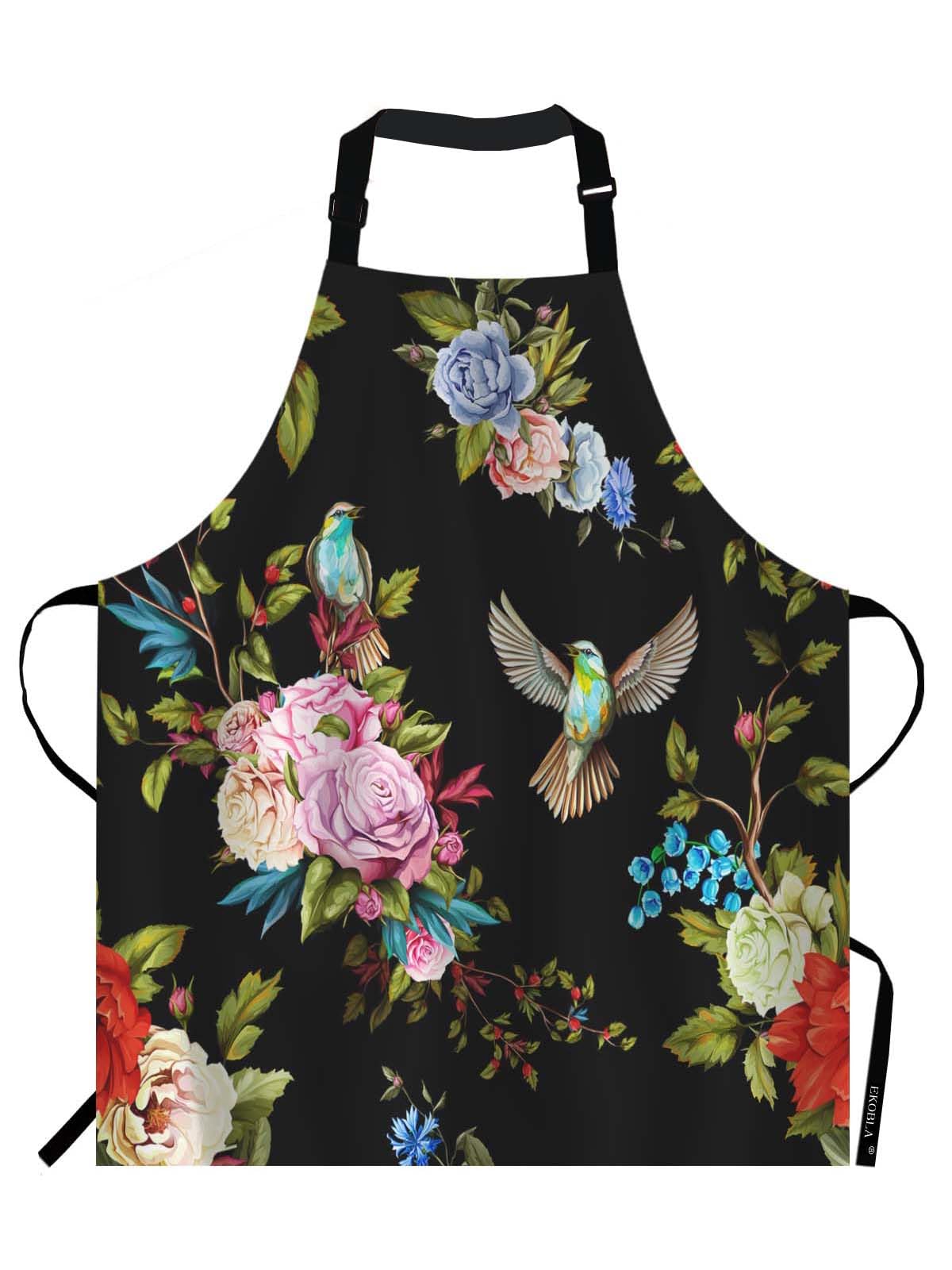 Ekobla Flower Aprons Wild Flowers Peony Roses Lily Nightingale Cornflower Black Background Waterproof Resistant Chef Cooking Kit