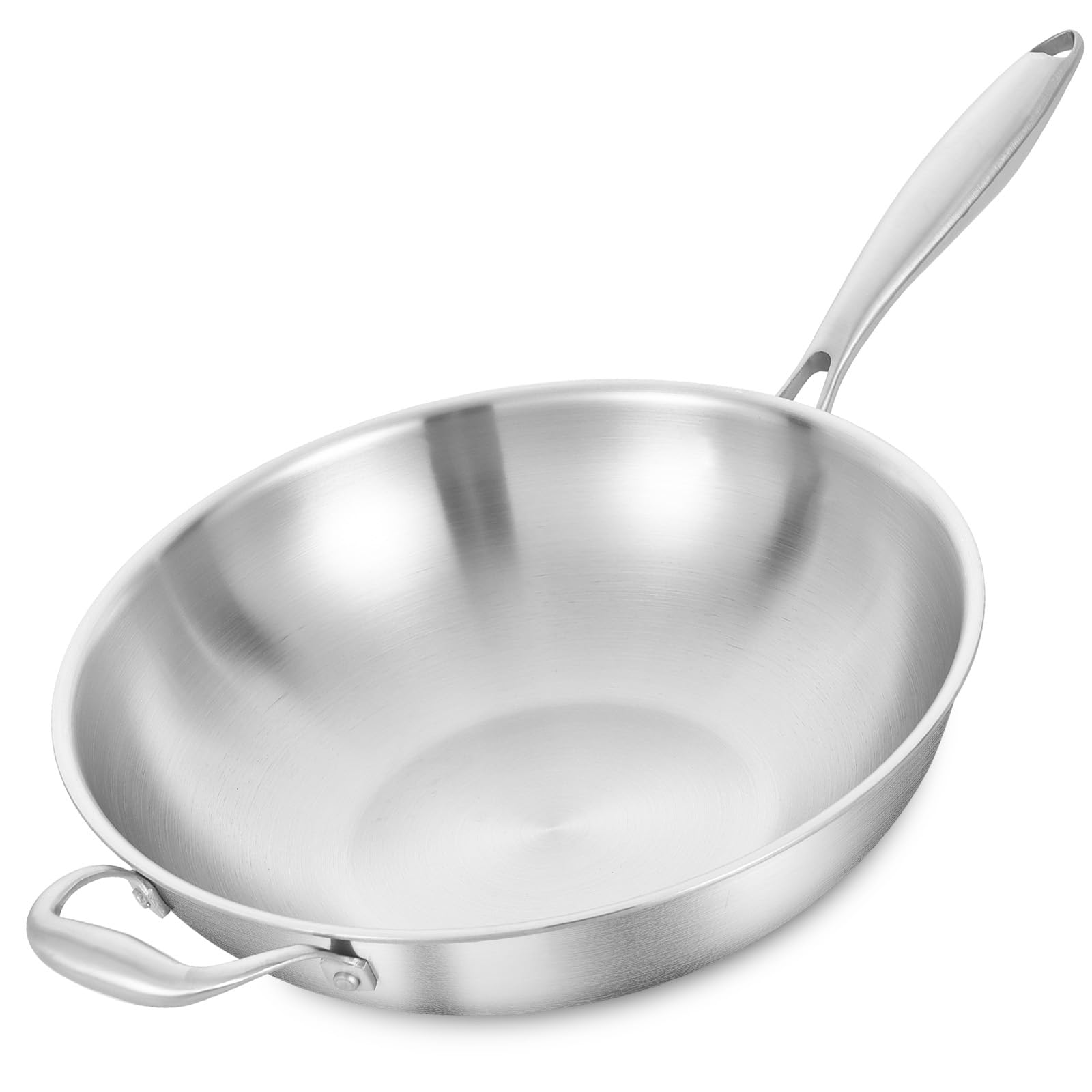 Lolykitch 14 Inch Tri-Ply Stainless Steel Wok Pan, Stir-Frying Pan,Induction Cooking Pan,Dishwasher And Oven Safe,Heavy Duty And