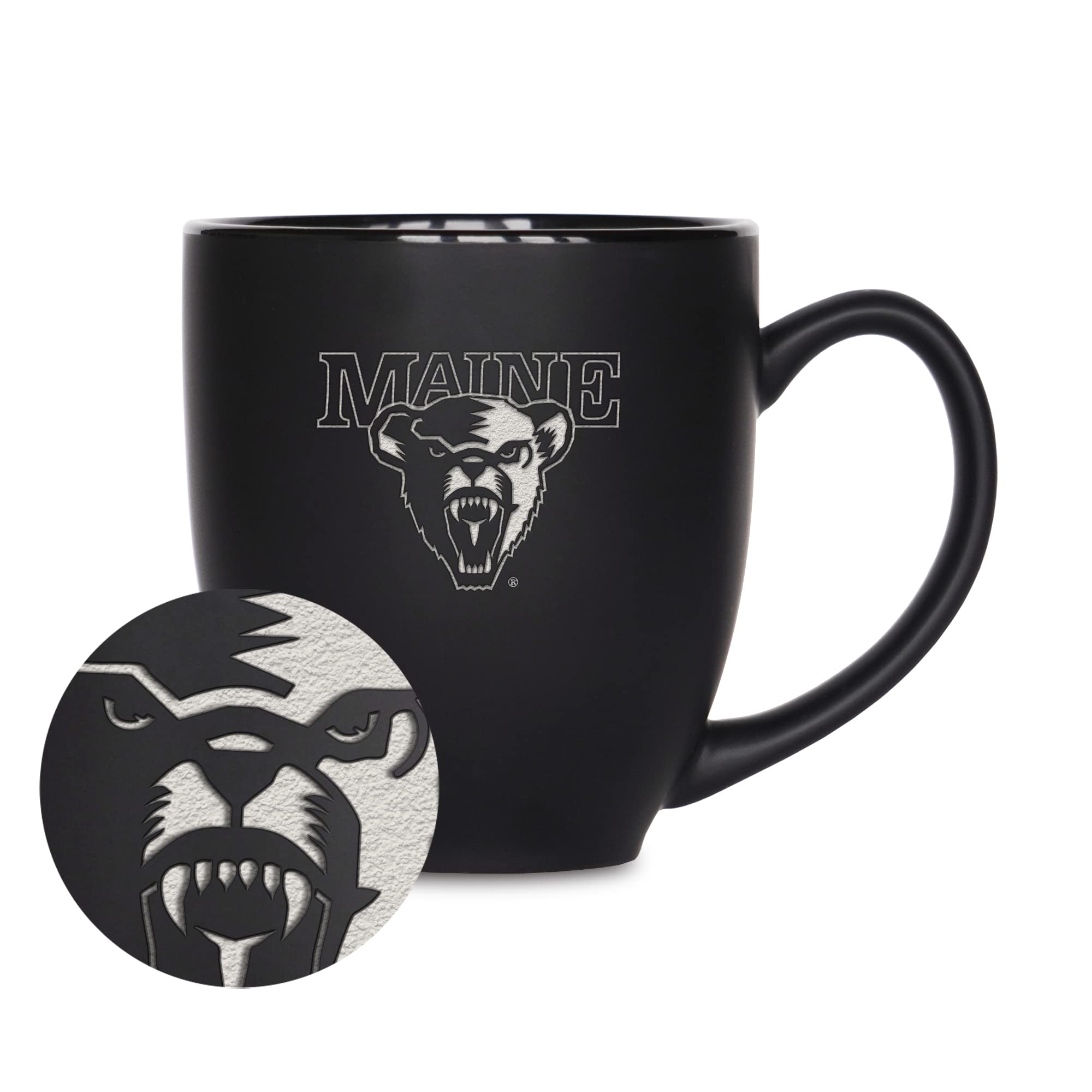 Rico Industries NCAA Maine Black Bears Main 15oz Laser Engraved Matte Black Ceramic Bistro Mug - For Hot or Cold Drinks