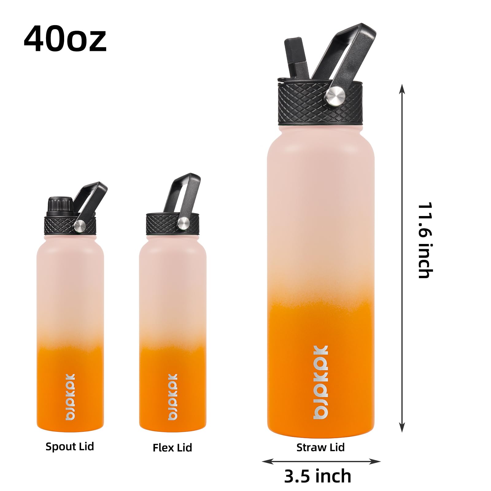 BJPKPK Insulated Water Bottles with Straw Lid, 40oz Stainless Steel Water Bottles with 3 Lids, BPA Free Leakproof Thermo, Tumble