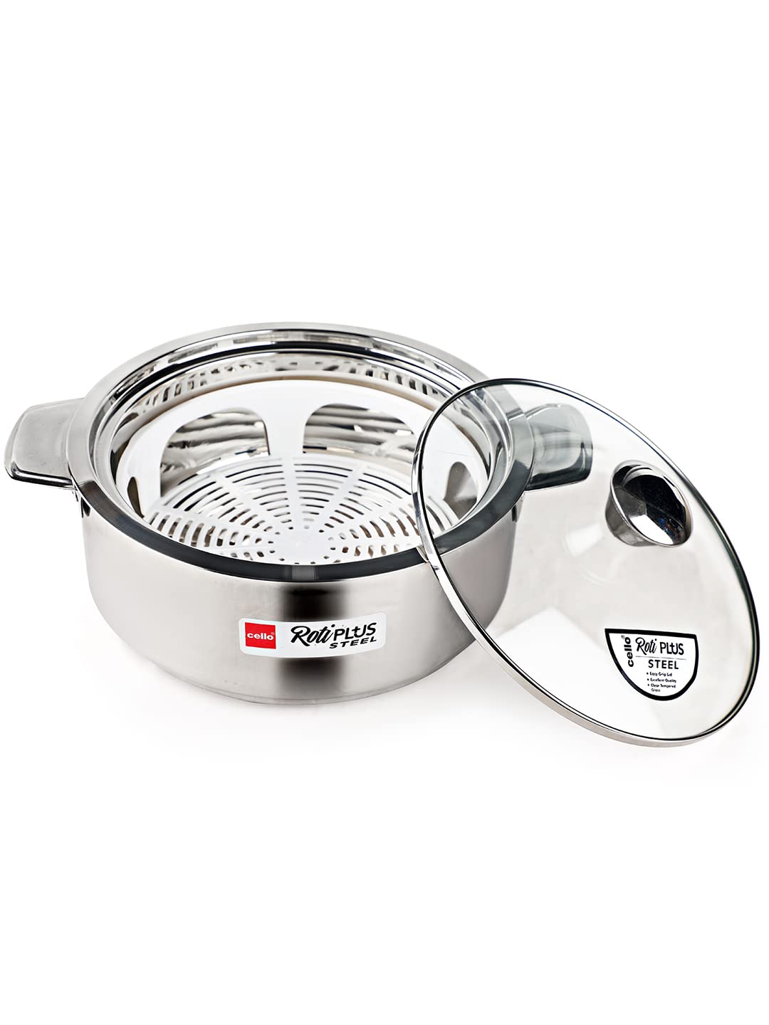 Cello Roti Plus Insulated Stainless Steel Casserole Hot Pot Case Box With Glass Lid, 1000Ml, Silver | Double Wall Pu Insulated, 
