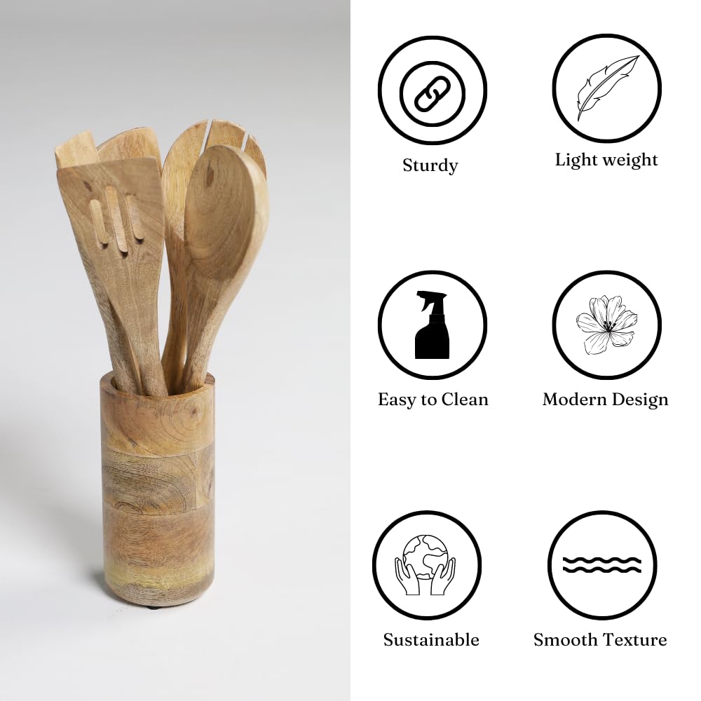 The Art Box Wooden Spoons For Cooking - 5 Pcs Natural Acacia Wood Non-Stick Cooking Spoons, Spatula Spoon Nonstick Wooden Utensi