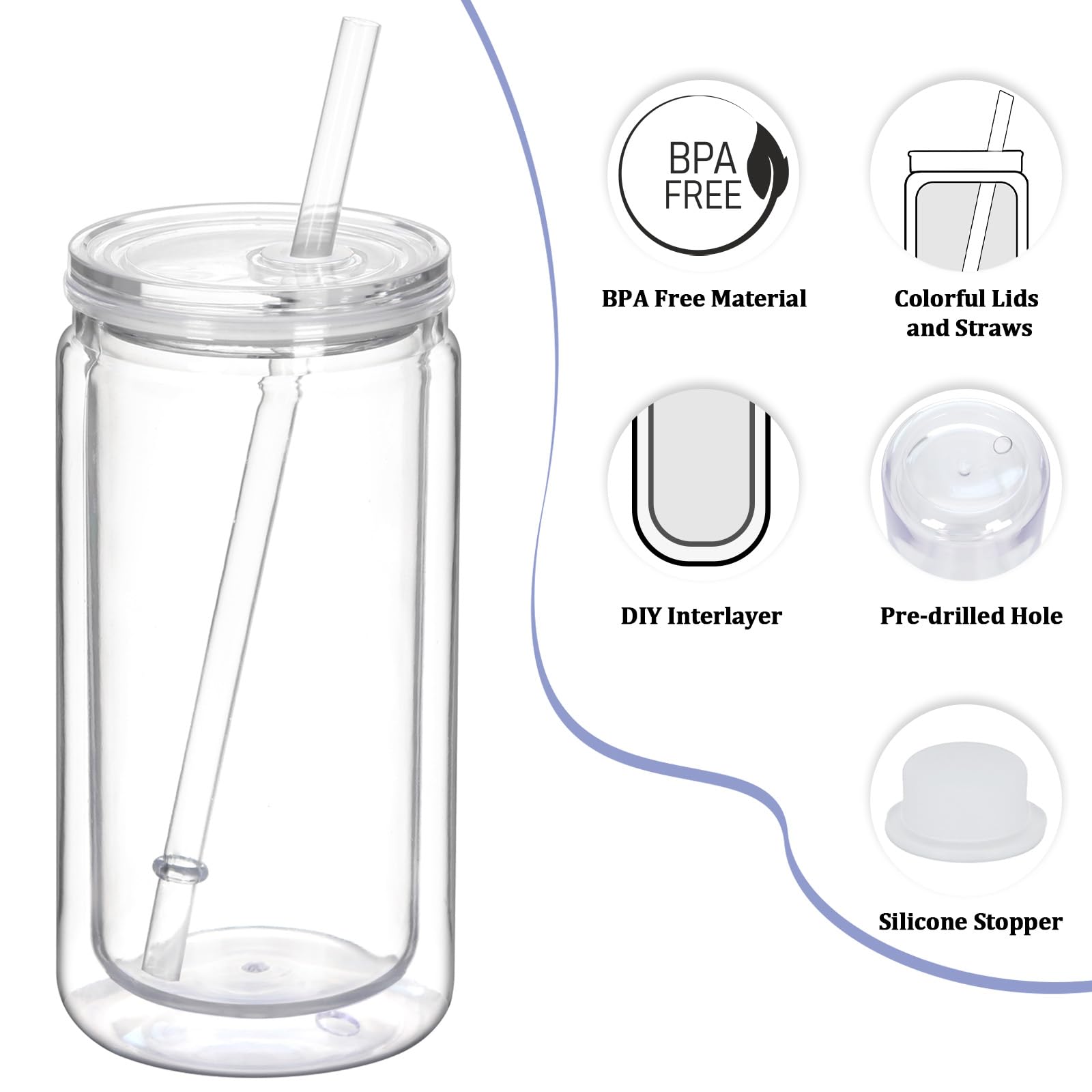 Tswofia 12 Pack Snow Globe Tumbler with Pre Drilled Hole, 16 Oz Double Wall Plastic Can with Lid and Straw, Plastic Mason Jar Mu