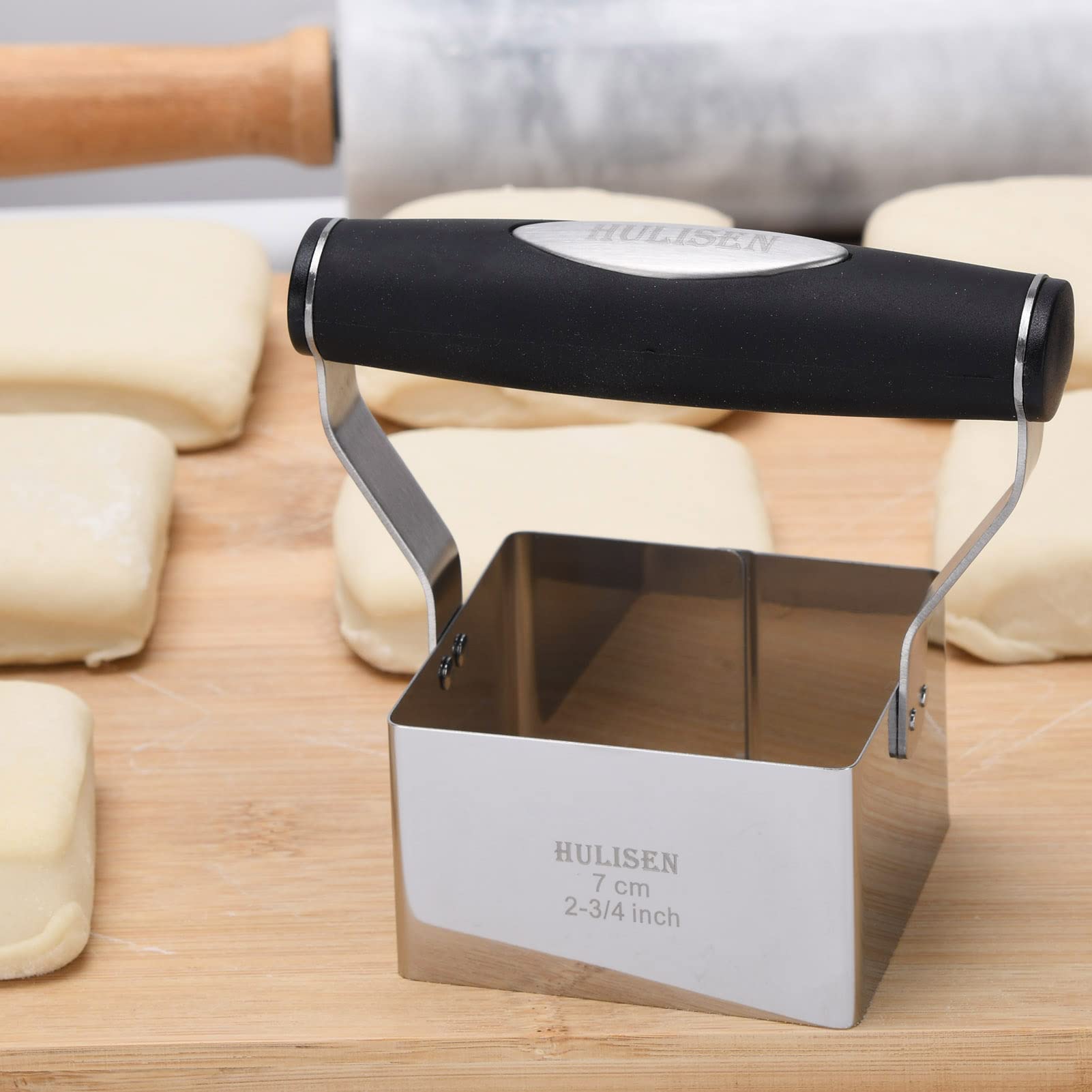 HULISEN Square Biscuit Cutter  2.75 Inch Stainless Steel Cookie Cutter with Soft Grip Handle for Thick Dough  Professional Baking Dough Tools  Dishwasher Safe  Gift Package (2.75'' Square Cutter)