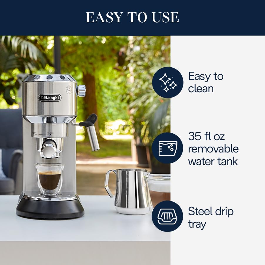 De'Longhi Dedica Ec680M, Espresso Machine, Coffee And Cappucino Maker With Milk Frother, Metal / Stainless, Compact Design 6 In