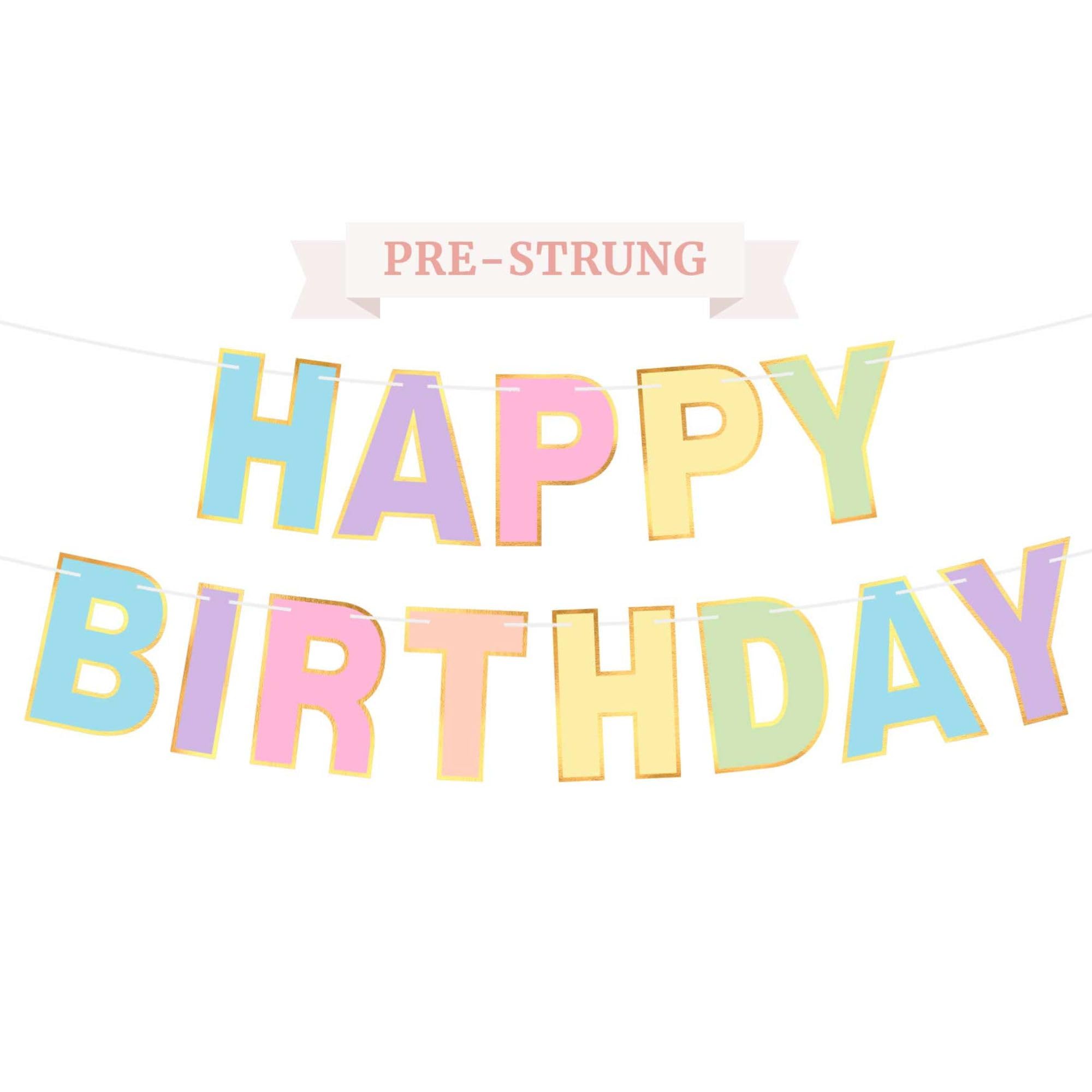 Pre-Strung Happy Birthday Banner - No Diy - Pastel Birthday Party Banner - Pre-Strung On 8 Ft Strands - Pastel Multi Color Rainb
