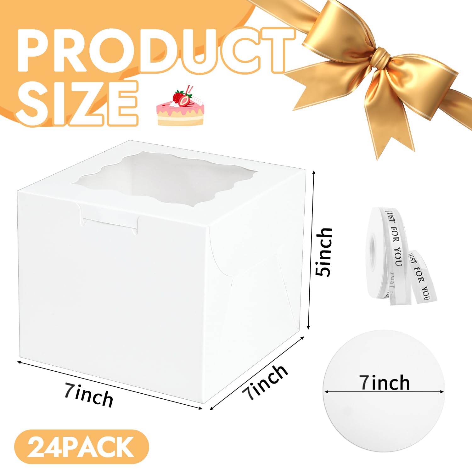 JCD 48PCS 7x7x5 inch Mini Cake Boxes with Cake Boards, White Bakery Boxes with Window for Pastries,Cake Containers with Ribbon f