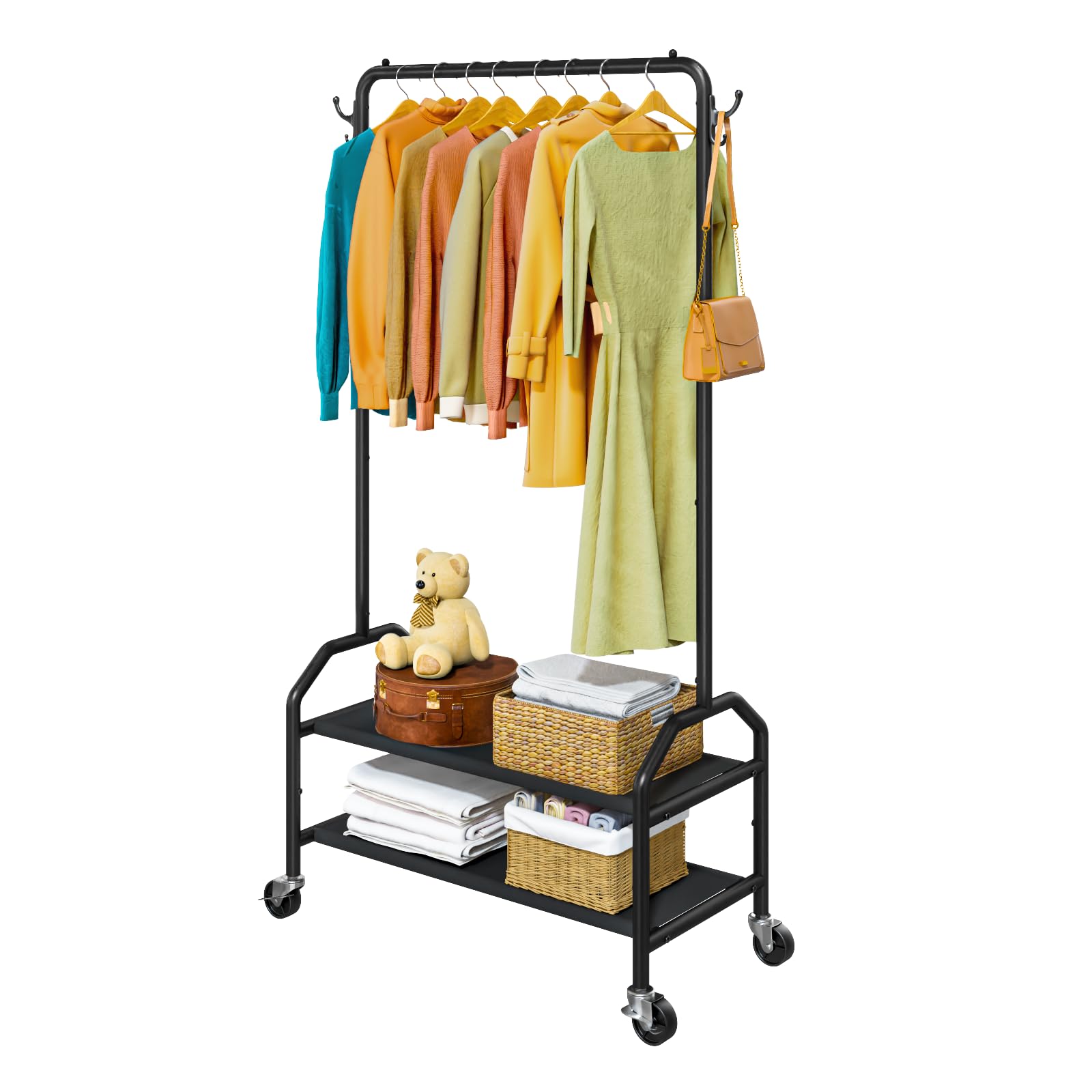 Wiracks Clothes Rack For Hanging Clothes With Bottom Shelves Rolling Clothing Racks 2'' Industrial Wheels 35''W X 16''D X 75''H