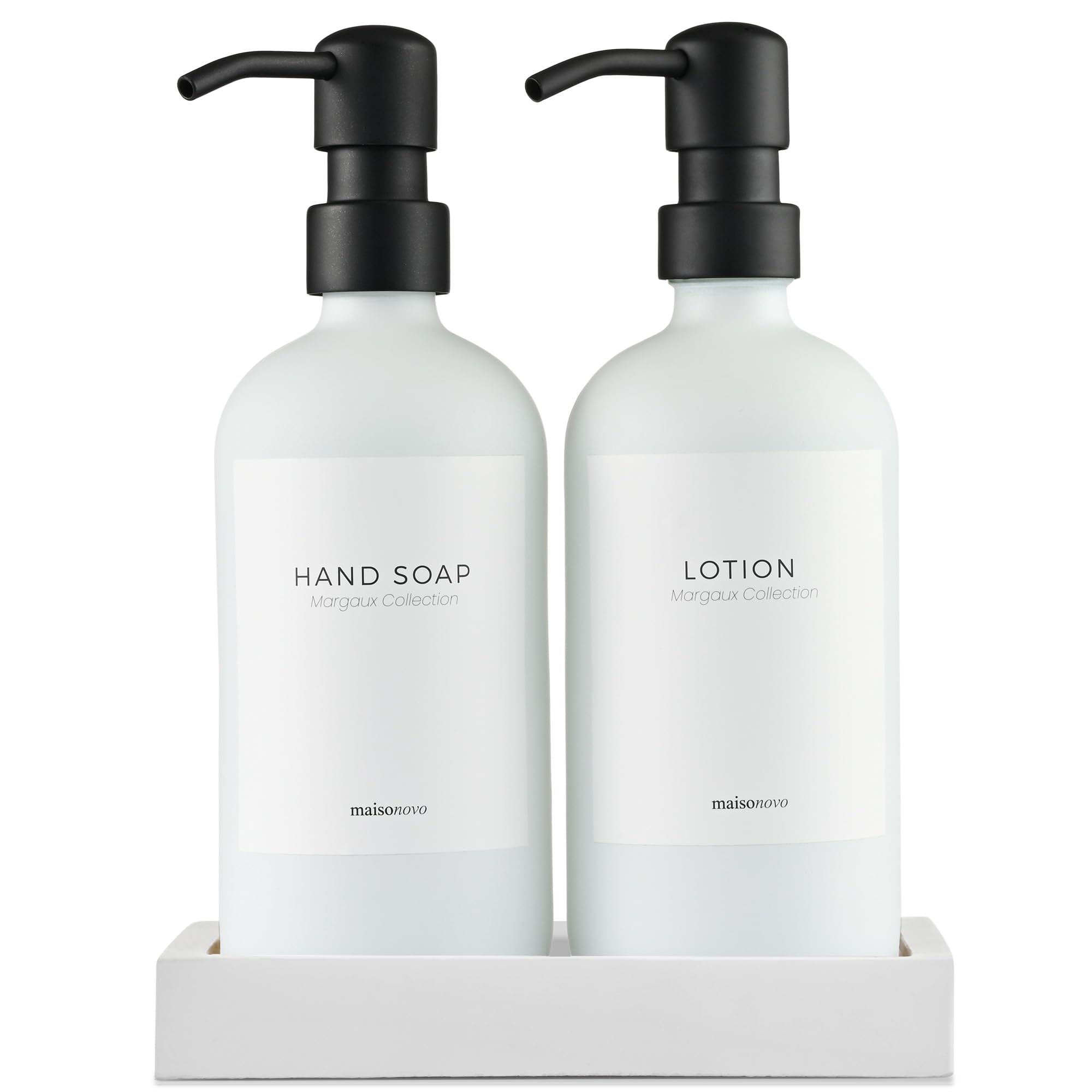 Maisonovo Soap And Lotion Dispenser Set - 16.9 Fl Oz White Hand Soap Dispenser Glass With Black Pump Set Of 2 And Concrete Tray