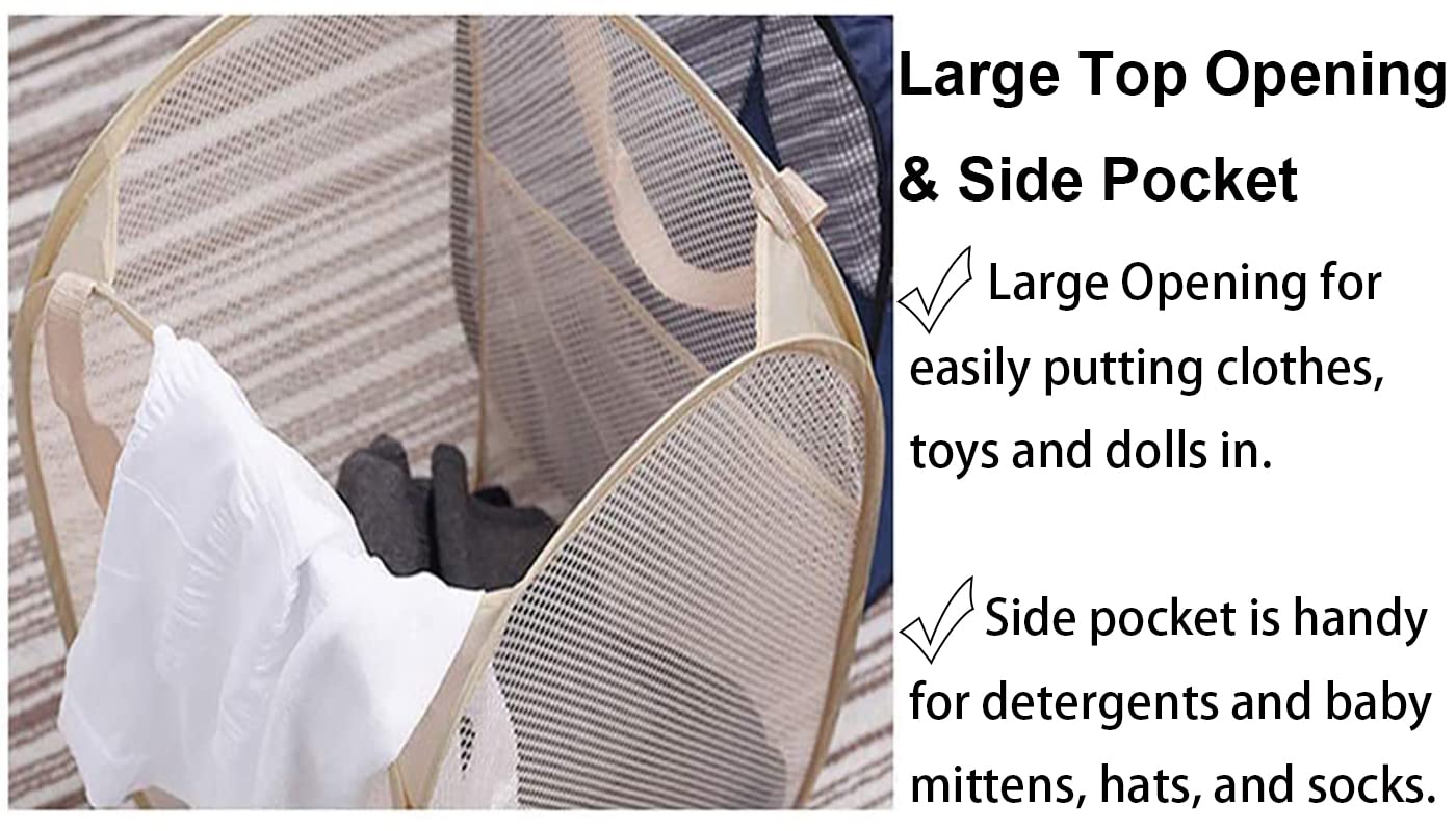 Larpur Popup Mesh Laundry Basket, Collapsible And Portable Clothes Washing Laundry Hamper With Reinforced Carry Handle (Beige)