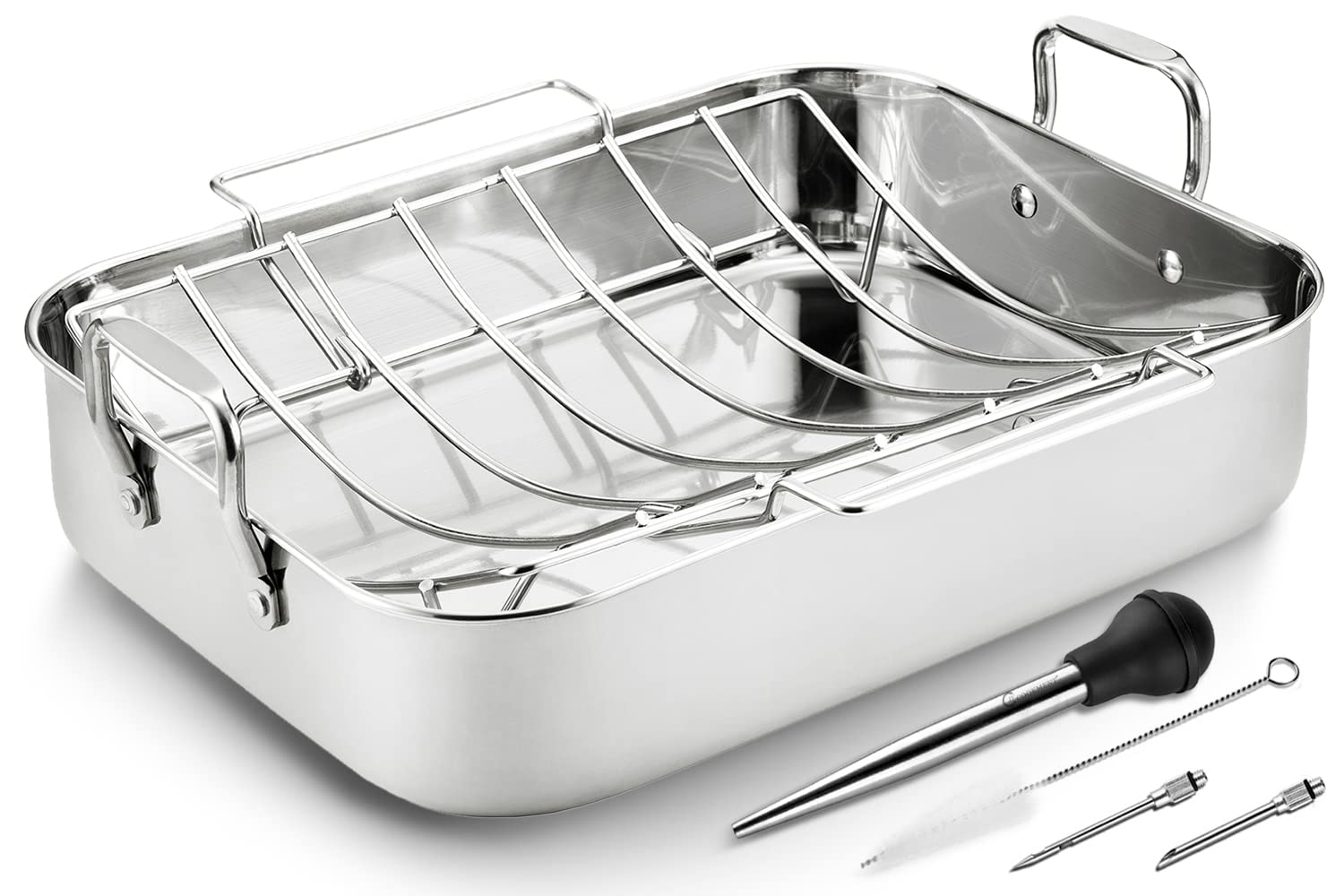 Jy Cookment Roasting Pan With Baking Rack, 16.5 Inch Stainless Steel Turkey Roaster Pan With Turkey Rack,Turkey Baster. Turkey R